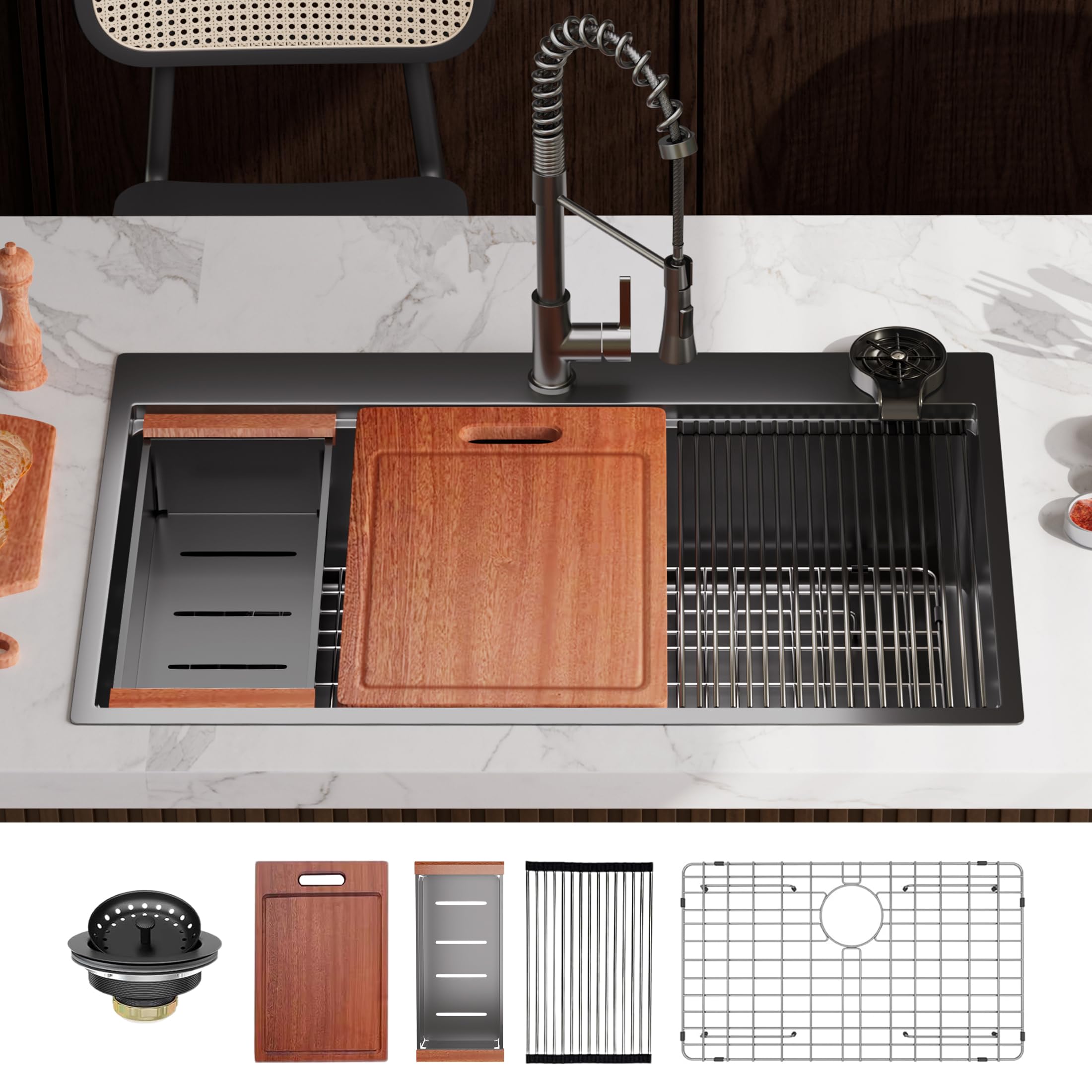 33 Inch Black Drop-In Kitchen Sink - 16 Gauge Stainless Steel Workstation Sink with Accessories - 33