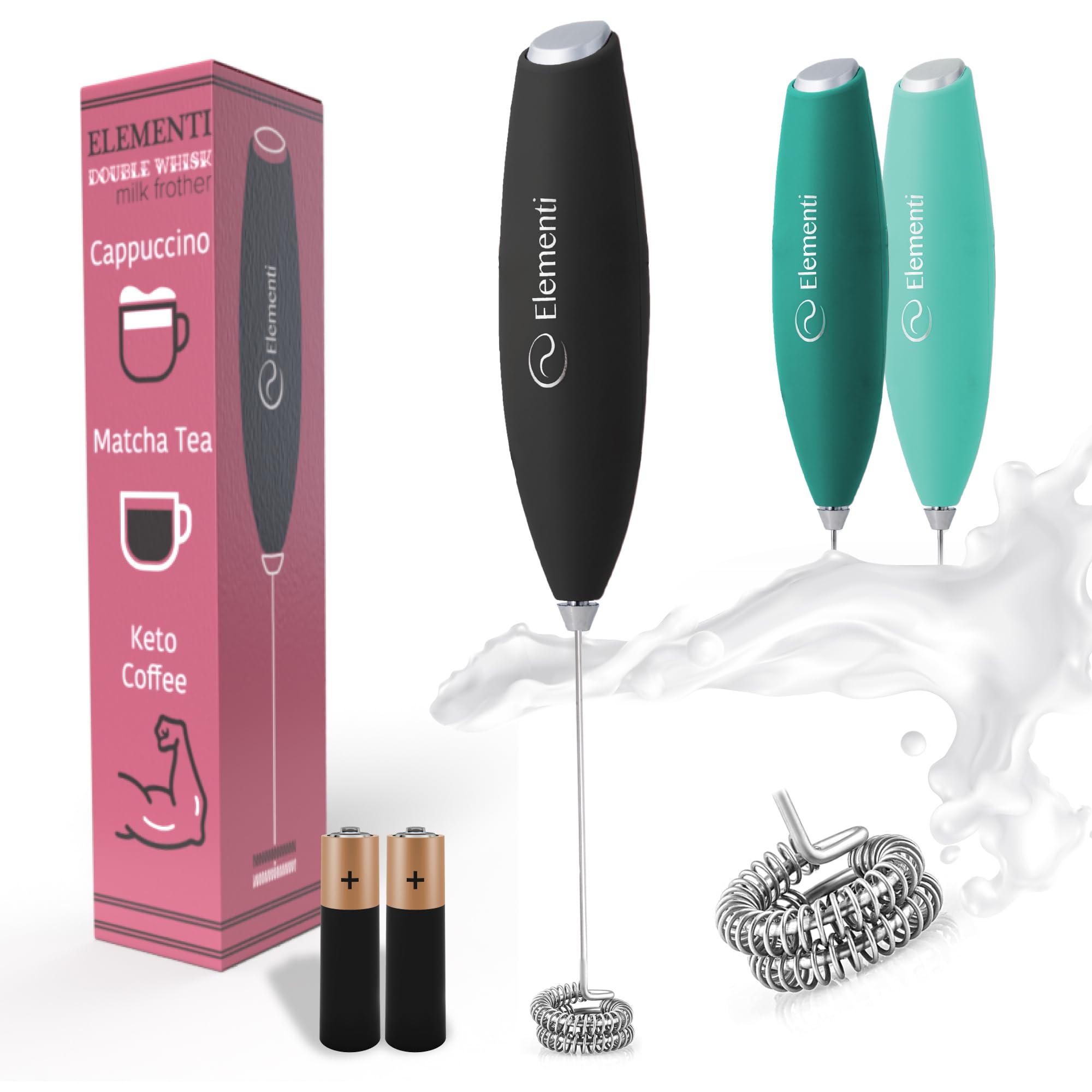 Electric Milk Frother Wand with Double Whisk - Matcha & Coffee Frother - Handheld Drink Mixer for Lattes, Hot Chocolate, Protein Shakes - Battery Powered Mini Whisk (Black) - Perfect for Home, Office & Coffee Shops