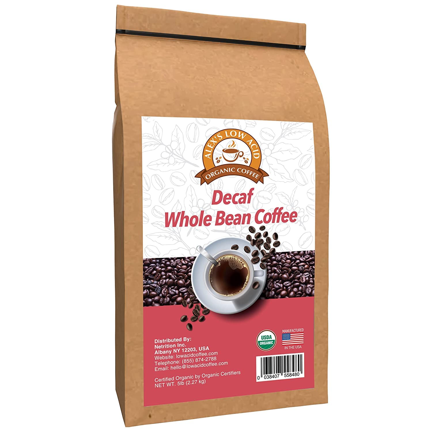 Organic Low Acid Decaf Coffee Beans - 5lb Whole Bean Bag for Sensitive Stomachs | Perfect for Evening Relaxation & Heartburn Relief