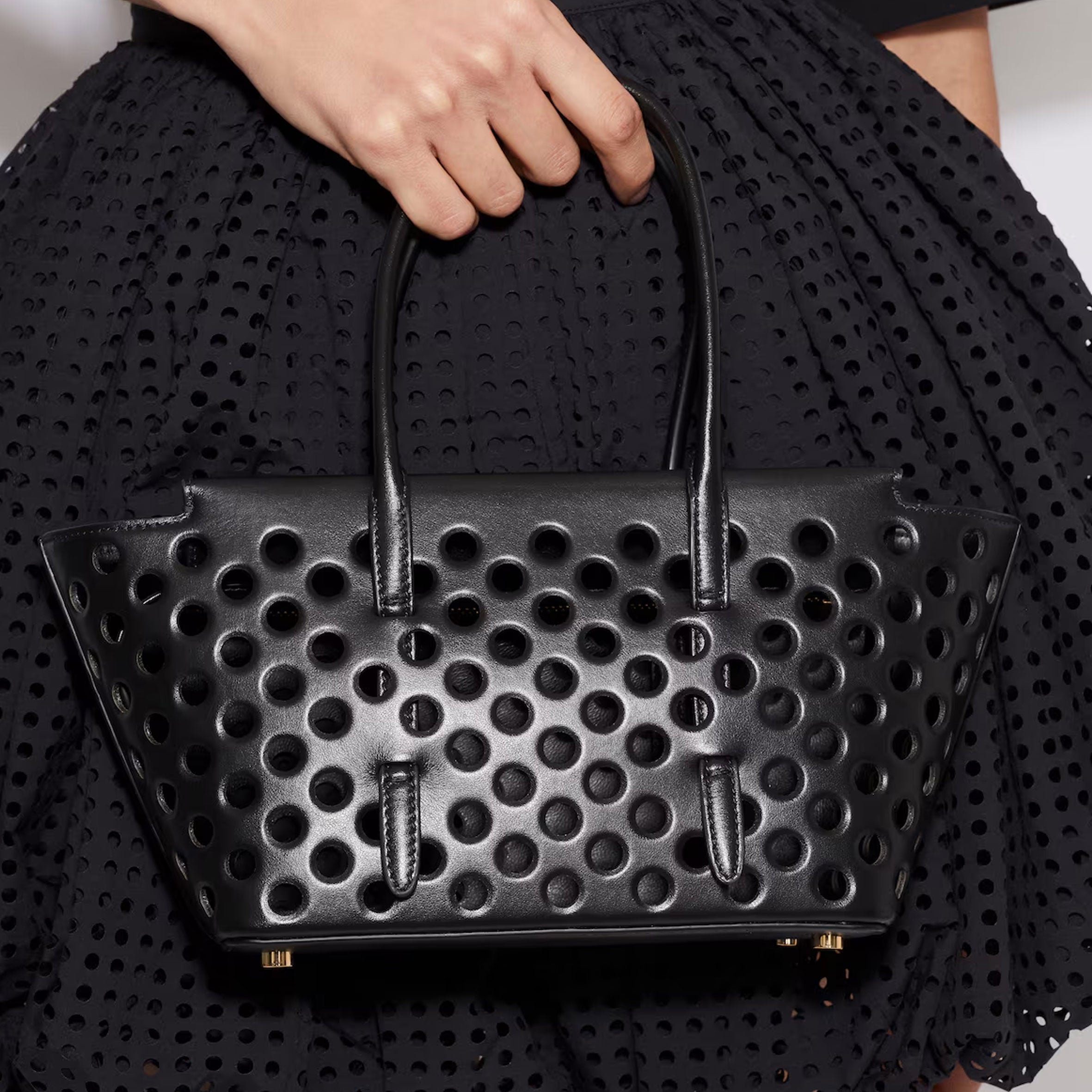 Neo Mina 20-Inch Perforated Calfskin Leather Handbag in Noir Black - Perfect for Work, Travel & Everyday Use