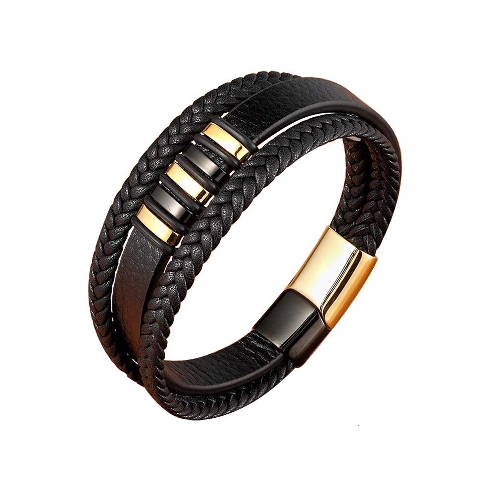Stylish Multi-Layer Braided Leather Bracelet for Men with Magnetic Clasp - Infinity Black Italian Genuine Leather Cuff Bangle (8.3