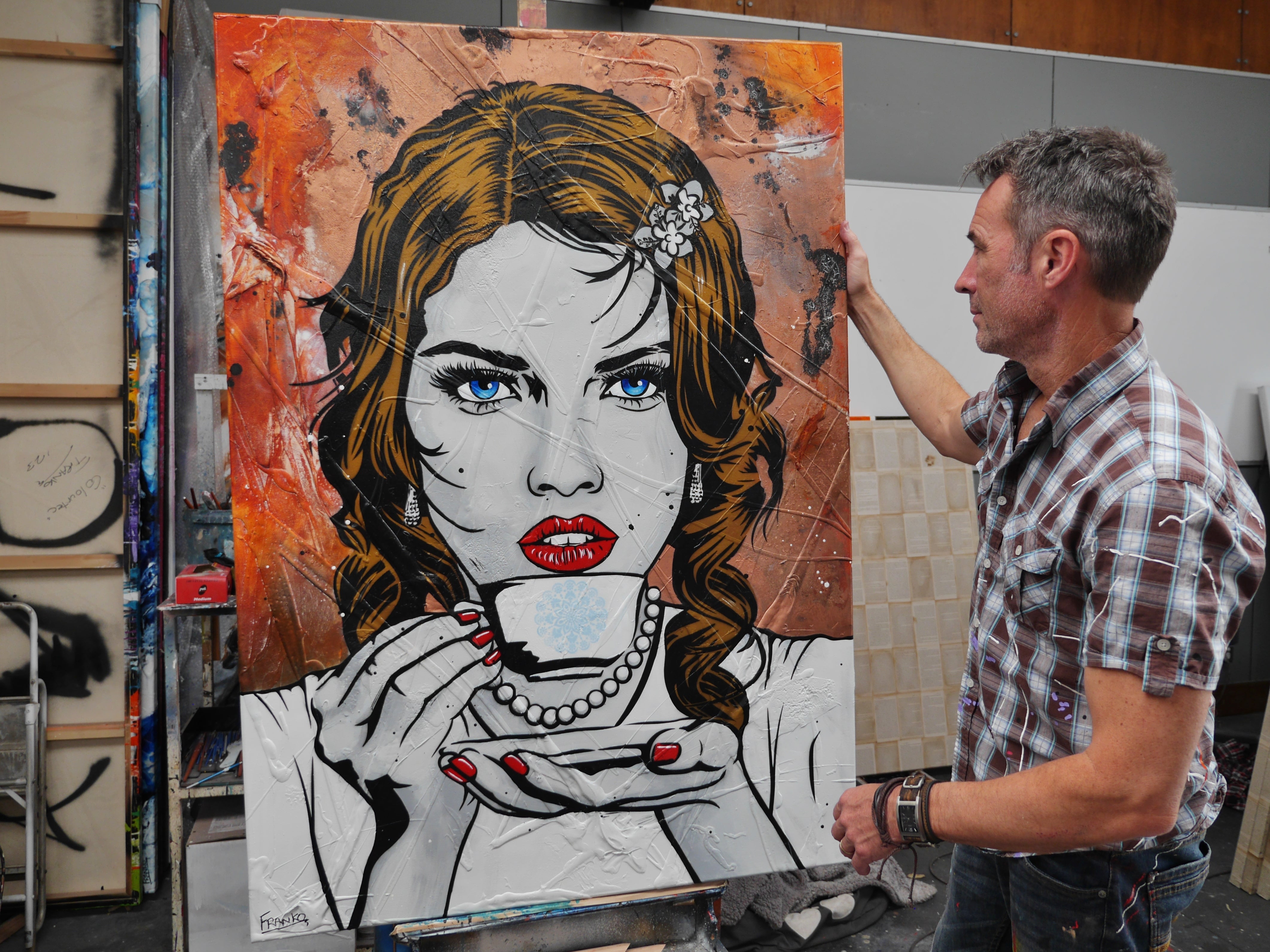 140cm x 100cm Coffee Girl Textured Urban Pop Art Canvas Painting - Modern Wall Decor for Living Room, Bedroom & Office