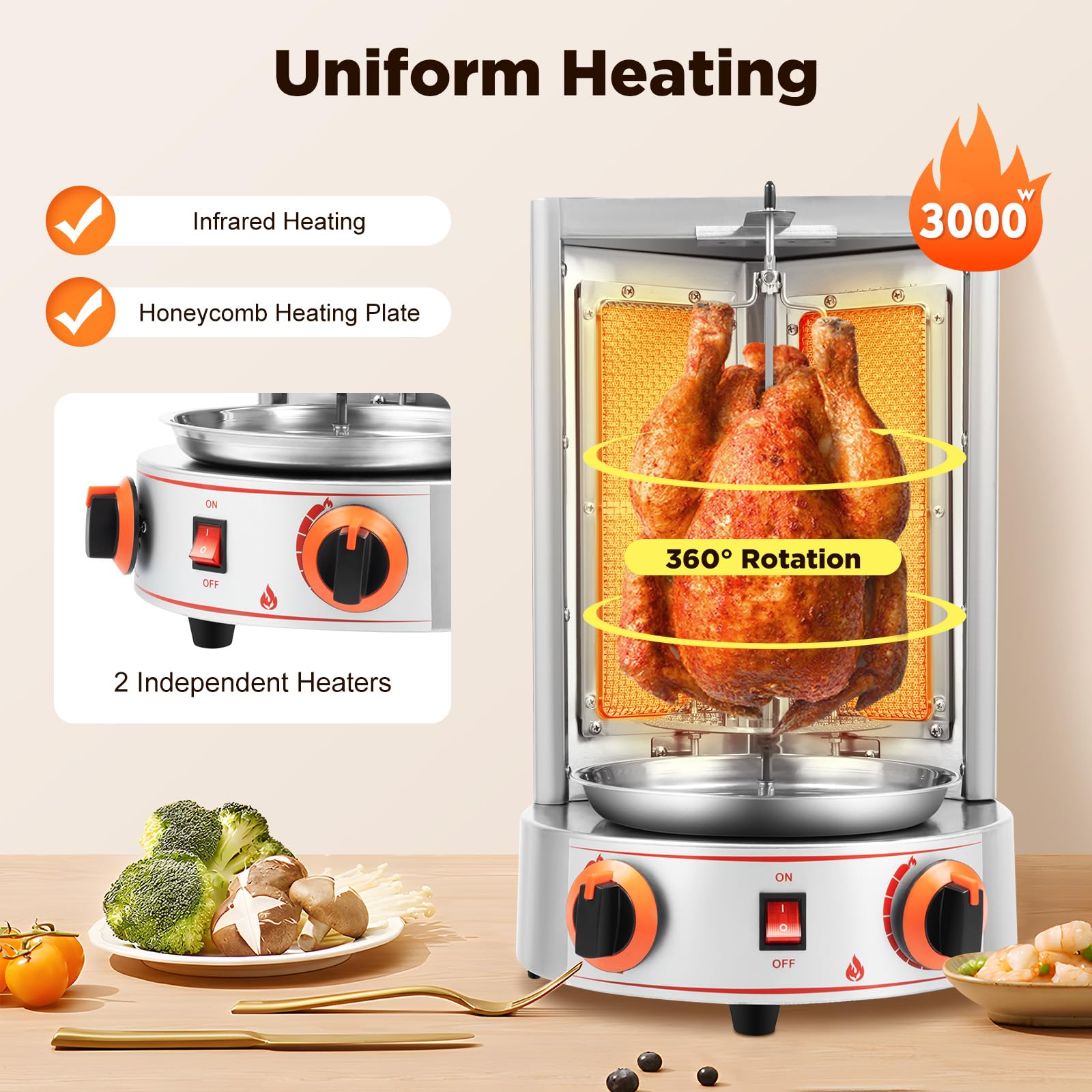 3KW Commercial Electric Vertical Broiler - Gas Doner Kebab Machine, Shawarma Rotisserie Grill with 2 Burners for Gyro, 3.28Ft Power Cord & 2.95Ft Gas Hose - Perfect for Restaurants, Food Trucks, and Catering Businesses