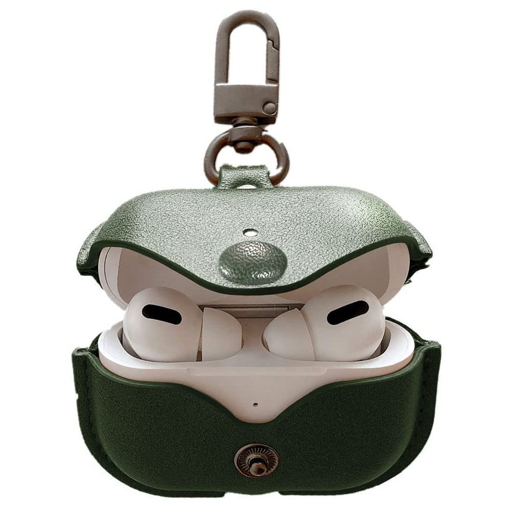 Premium Genuine Leather Case for AirPods Pro - Soft Protective Cover Compatible with Apple AirPods Pro Wireless Charging Case, Military Green with Keychain Hook - Perfect for Travel, Work & Daily Use