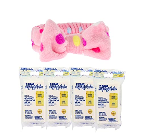 T. Taio Esponjabon Skin Lightening Pearl Soap Sponge (Concha Nacar) - Pack of 4 with Premium Penguin Spa Headband - Natural Glow & Exfoliation for Face & Body - Perfect for Daily Skincare & Spa Treatments