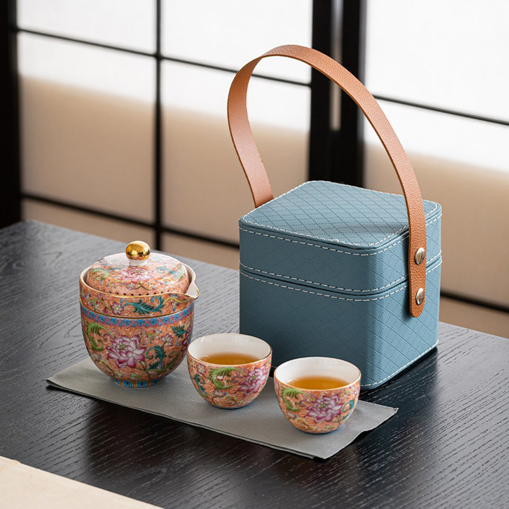 Premium Enamel Travel Tea Set with Leather Carrying Case - Portable Tea Accessories for Camping, Office & Outdoor Adventures