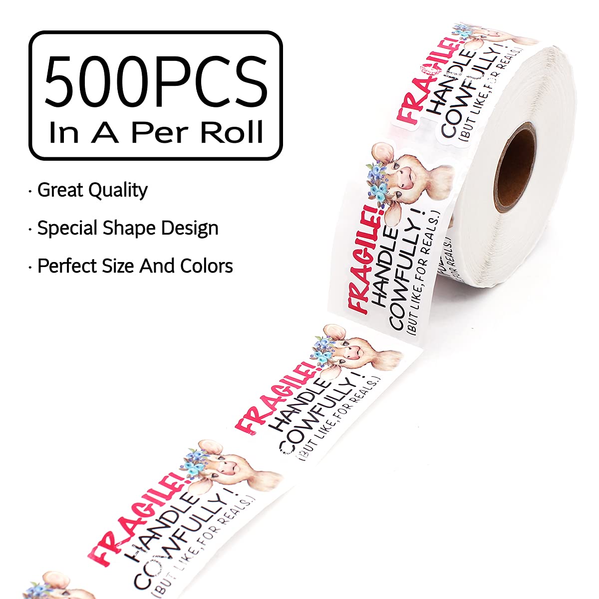 Wailozco Fragile Handle with Care Stickers - 500 Labels Per Roll | Thank You, Handmade & Small Business Stickers for Envelopes, Online Retailers & Handmade Goods | Perfect for Packaging, Shipping & Branding