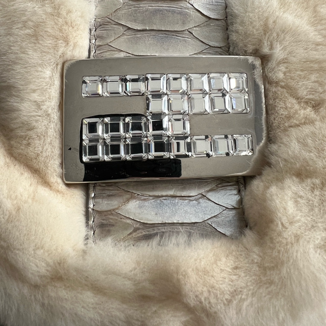 Luxury Fendi Chinchilla Fur Croissant Bag with Rhinestone Buckle & Silver Python Trim - Perfect for Evening Parties, Red Carpet Events & High-End Fashion Accessories