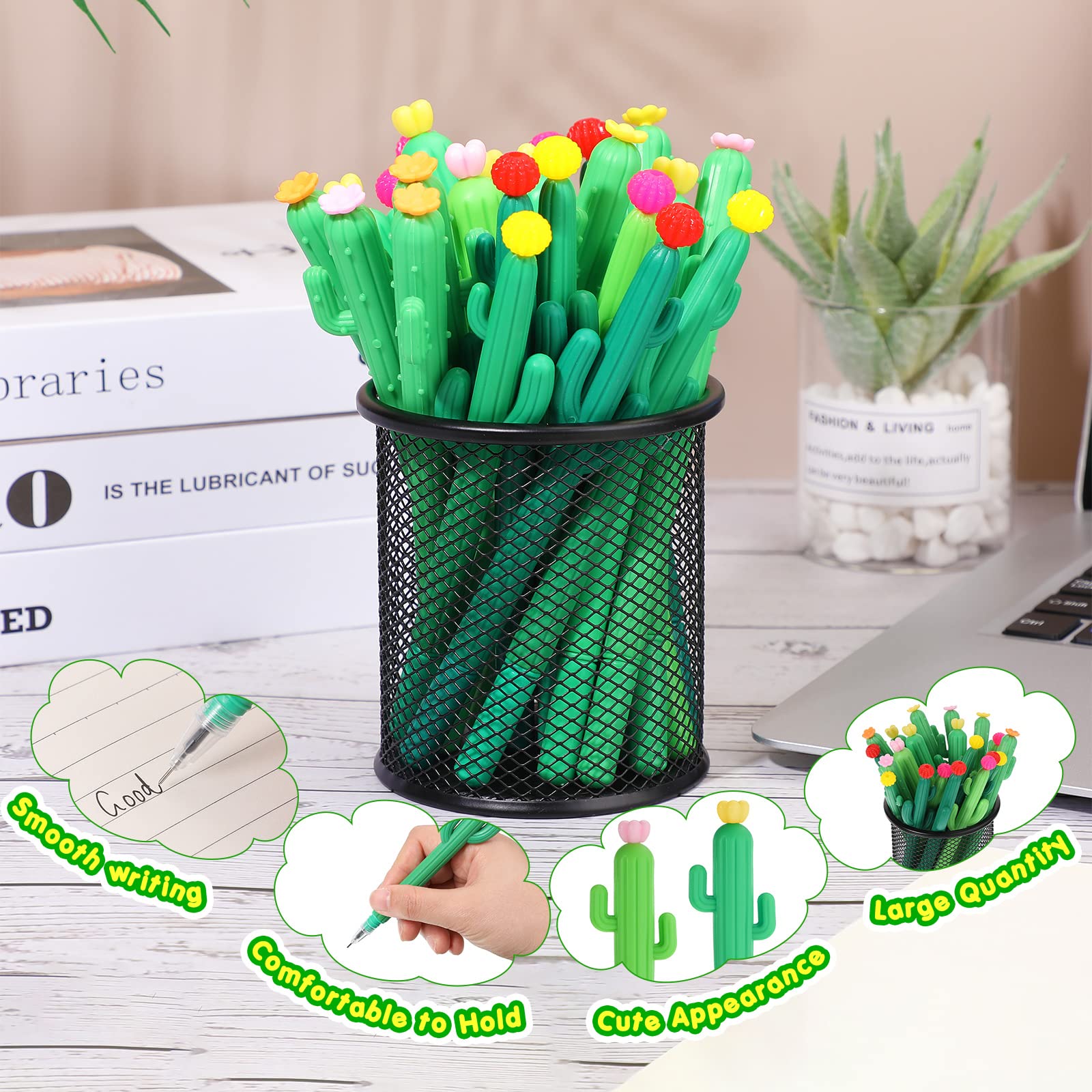 Handepo 100-Pack Cactus Shaped Rollerball Pens - Cute Flower Ballpoint Pens with Black Gel Ink for School, Office & Home Use - Perfect Gift for Students & Stationery Lovers - Great for Note Taking, Journaling & Creative Writing