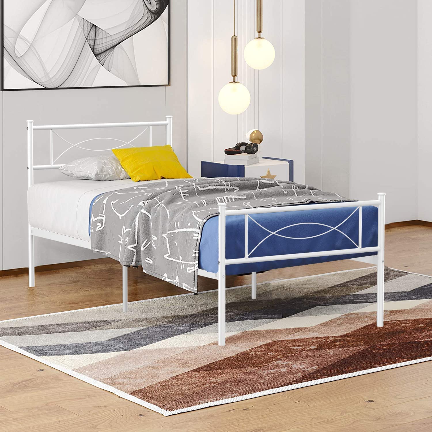 Twin Size Bed Frame with Headboard for Girls, Boys, Adults & Teens - White Platform Bed with Storage, No Box Spring Needed, Easy Assembly | Perfect for Dorm Rooms, Kids Bedrooms & Small Spaces