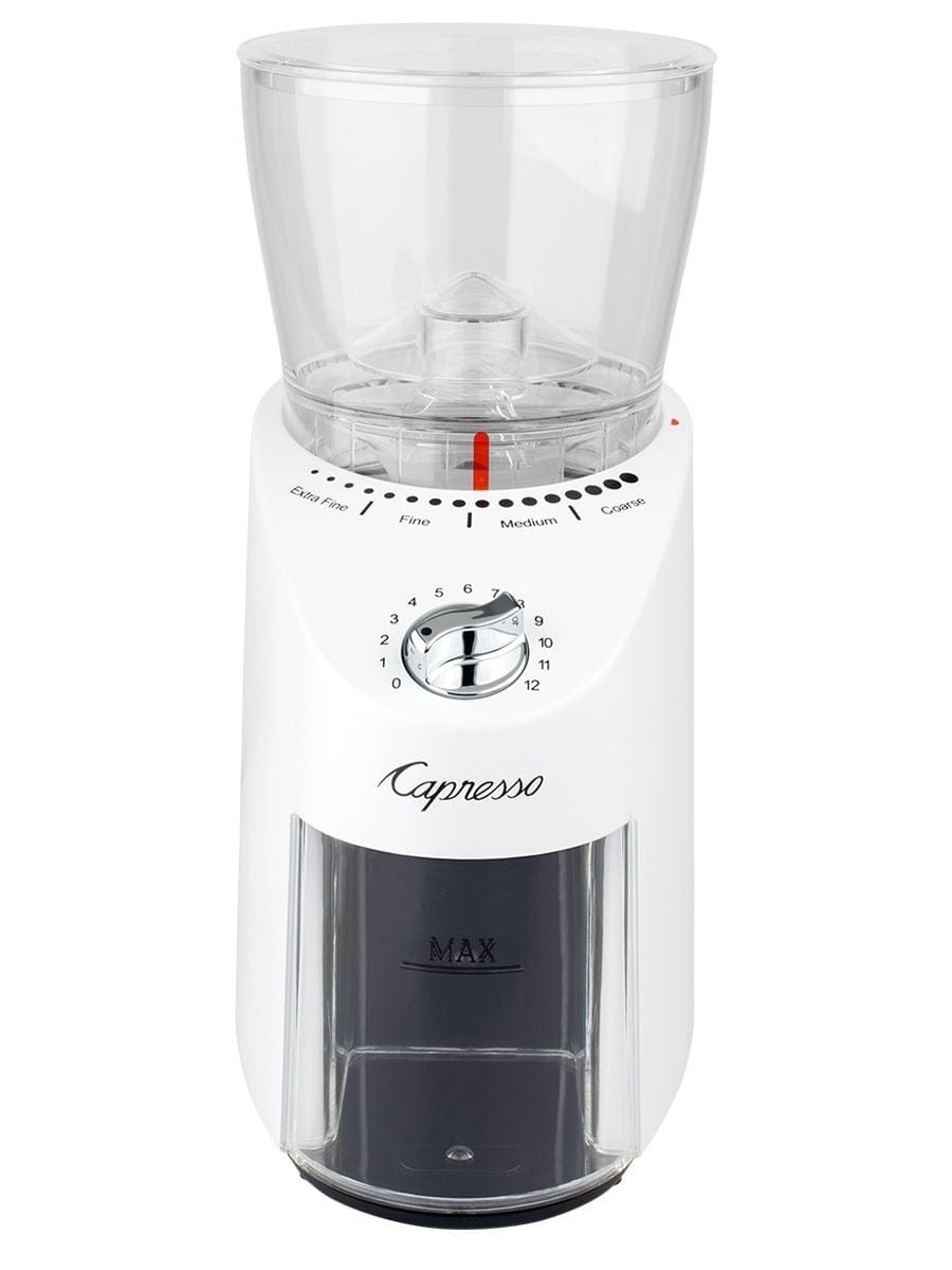 Premium Capresso Infinity Plus Conical Burr Coffee Grinder - White | Fresh Ground Coffee for Espresso, Drip, French Press & Cold Brew | Perfect for Home & Office Use