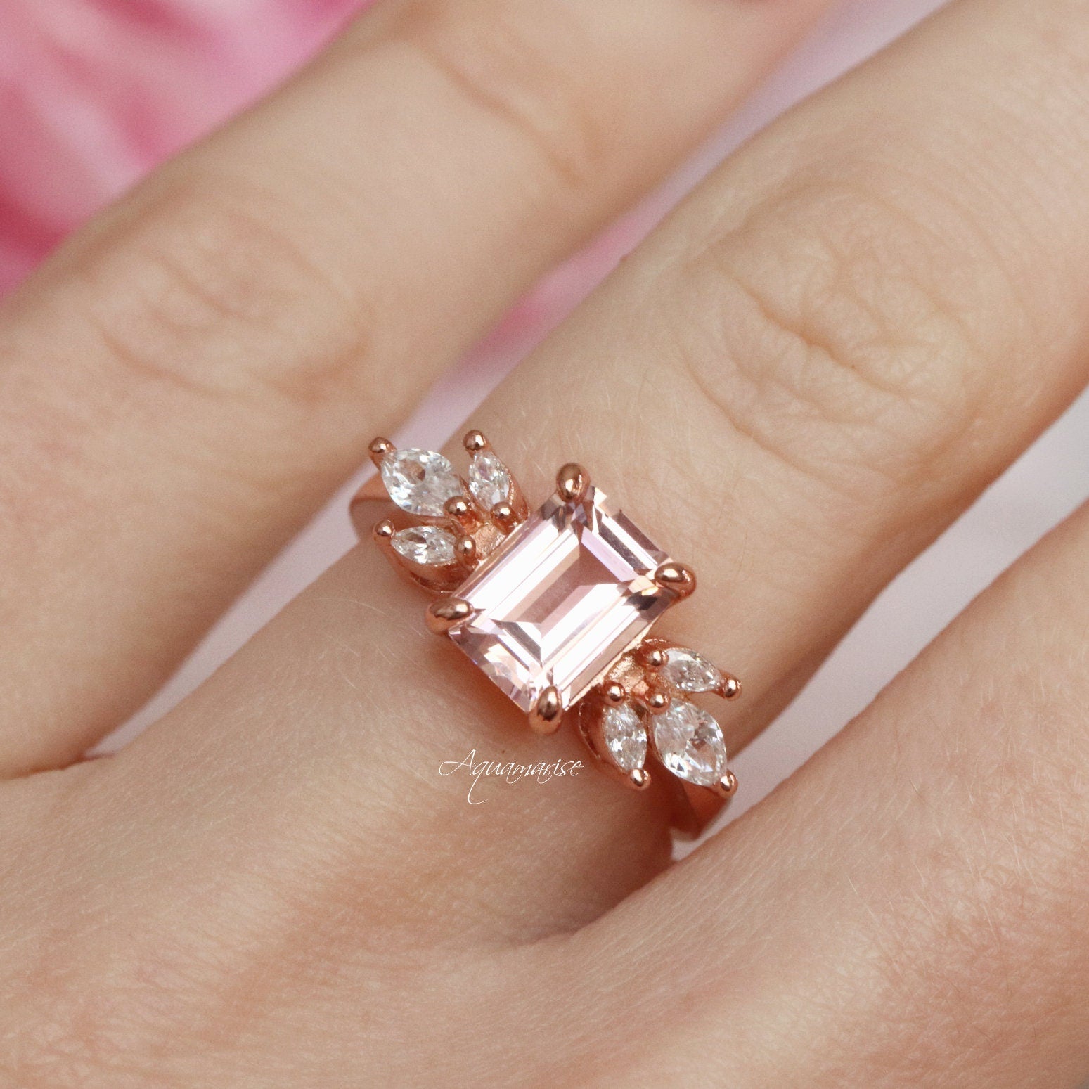 14K Rose Gold Vermeil Eva Morganite Ring - Elegant Stackable Jewelry for Women, Perfect for Engagement, Wedding & Everyday Wear