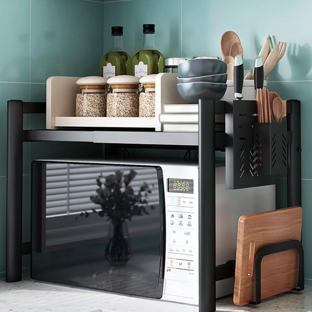 Stainless Steel Microwave Oven Rack - Adjustable Single Layer Kitchen Organizer (40cm/15.7in, Black) - Space Saving Shelf for Small Appliances - Perfect for Microwave, Toaster Oven & Countertop Storage