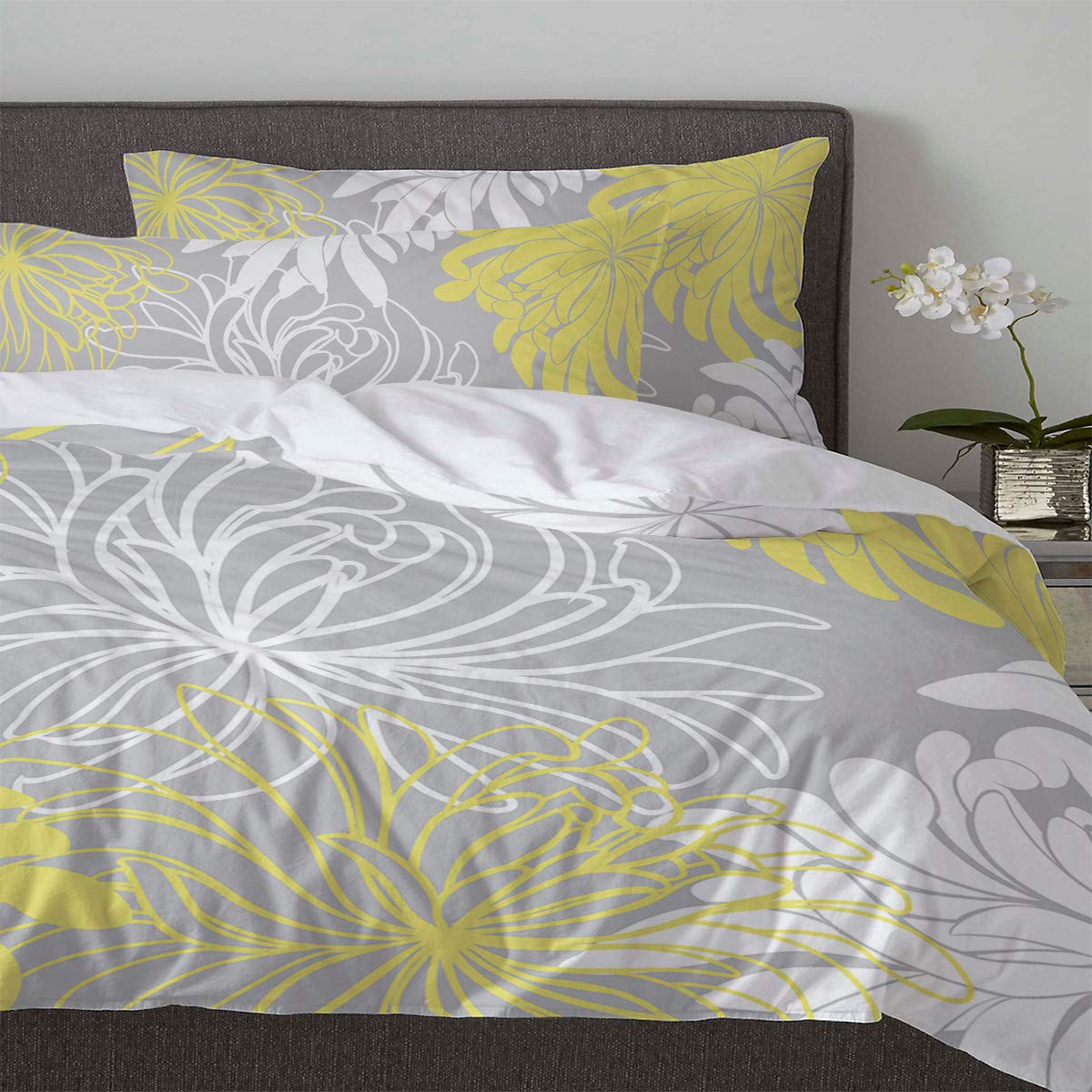 Elegant Daisy Flower Duvet Cover 3-Piece Bedding Set Full Size - Soft Lightweight Comforter Cover with 2 Pillow Shams in Yellow & Grey | Perfect for Guest Rooms, Master Bedrooms & Cozy Home Decor