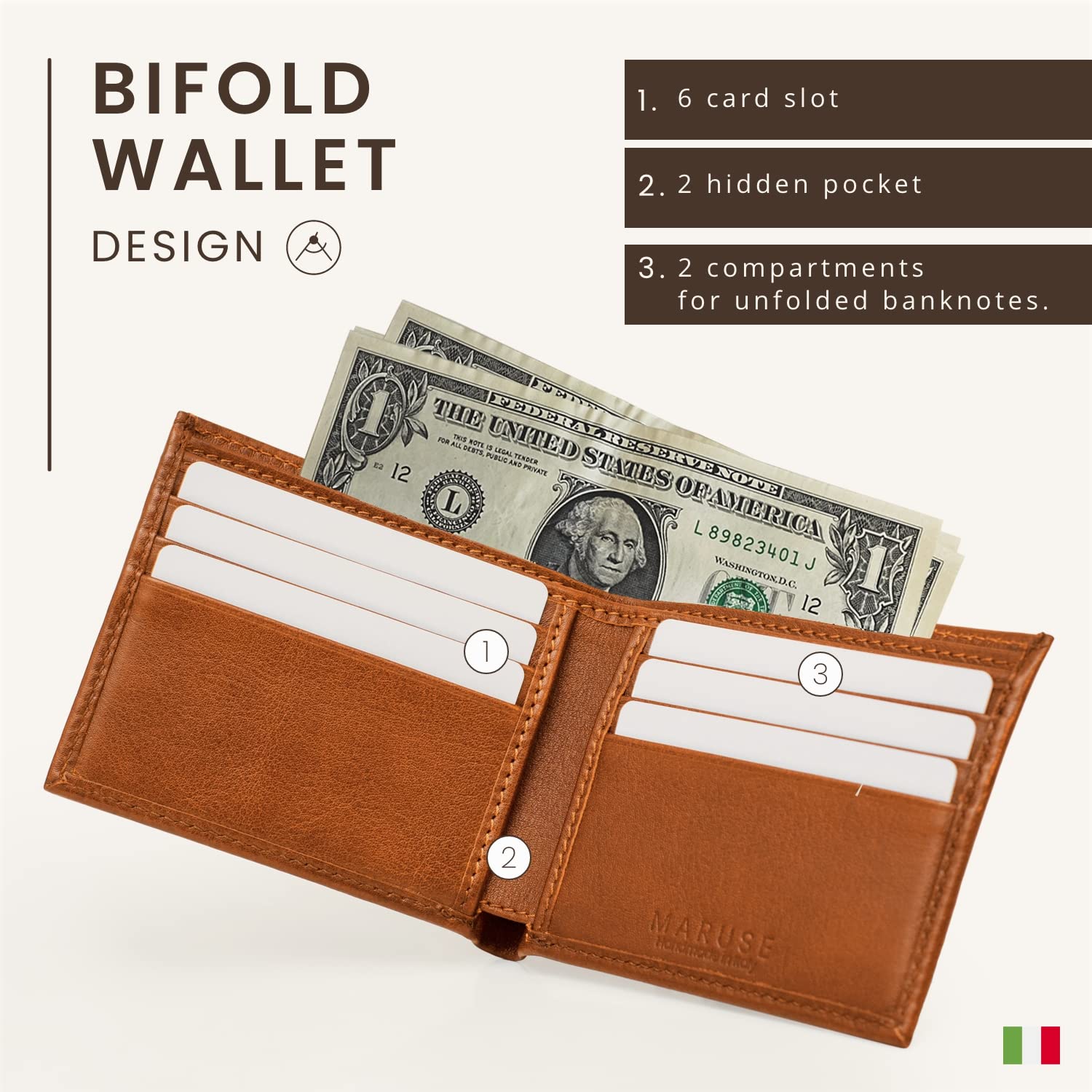Maruse Bifold Wallet for Men - Genuine Italian Calf Leather Slim Wallet with Interior Pockets | Minimalist & Elegant Design | Perfect Gift for Him | Ideal for Everyday Use, Business & Travel