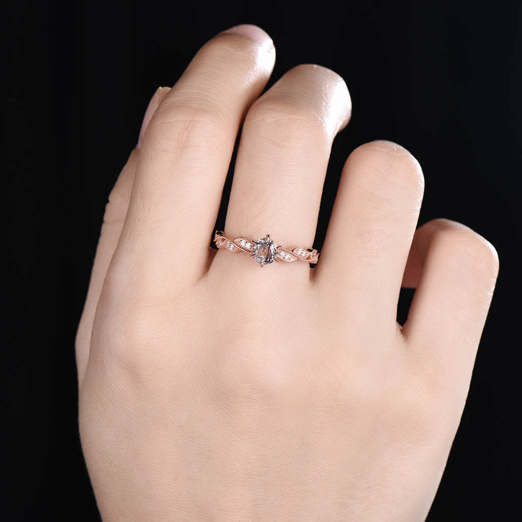 14K/18K Gold Unique Milgrain Black Rutilated Quartz Engagement Ring - Bezel Set Solitaire Ring for Women, Vintage Style Wedding Band, Perfect Proposal Gift for Her (Occasions: Engagement, Anniversary, Valentine's Day)