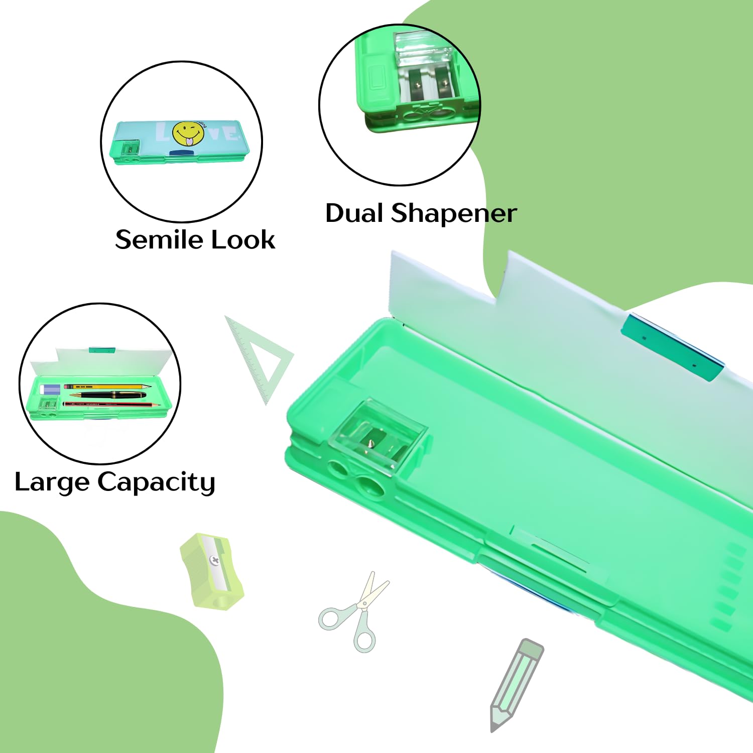 Magnetic Geometry Box with Sharpener - Smiley Printed Multipurpose Pencil Case for School, Compass & Dual-Side Storage - Light Green Pencil Box for Boys & Girls | Perfect for Math Class, Art Projects & School Supplies Organization