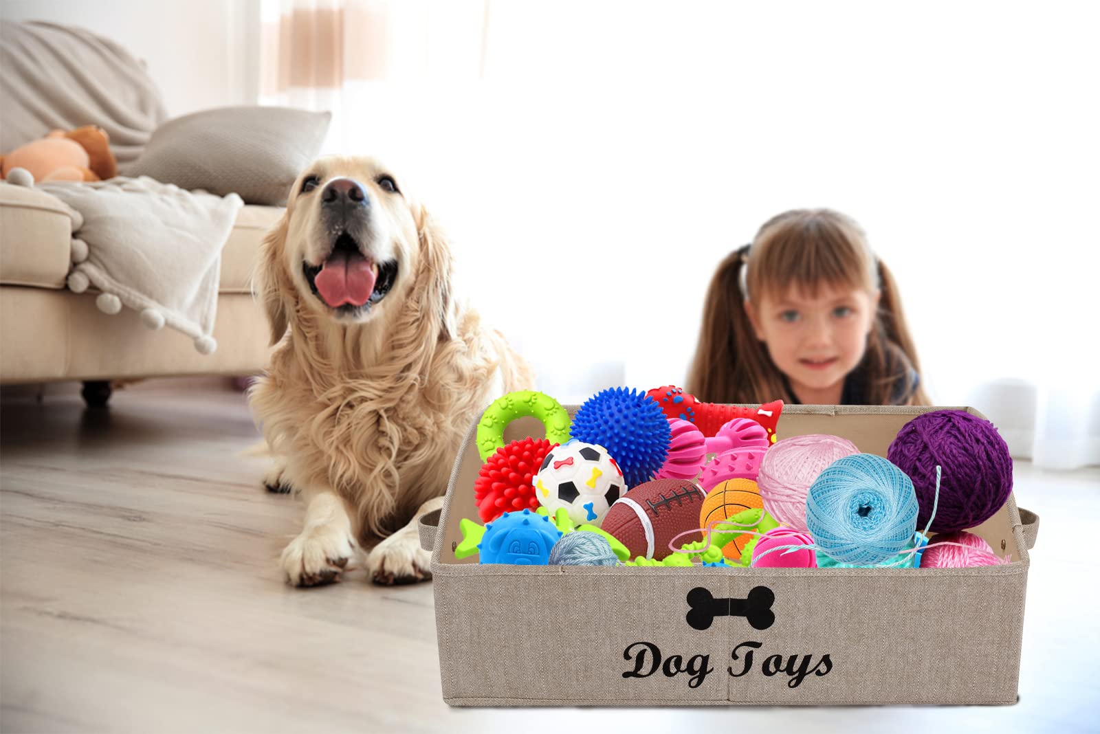 Foldable Fabric Dog Toy Storage Basket with Handle - Large Collapsible Trapezoid Organizer Bin for Pet Toys (Khaki Stripe) | Perfect for Living Room, Bedroom & Dog Play Area Organization