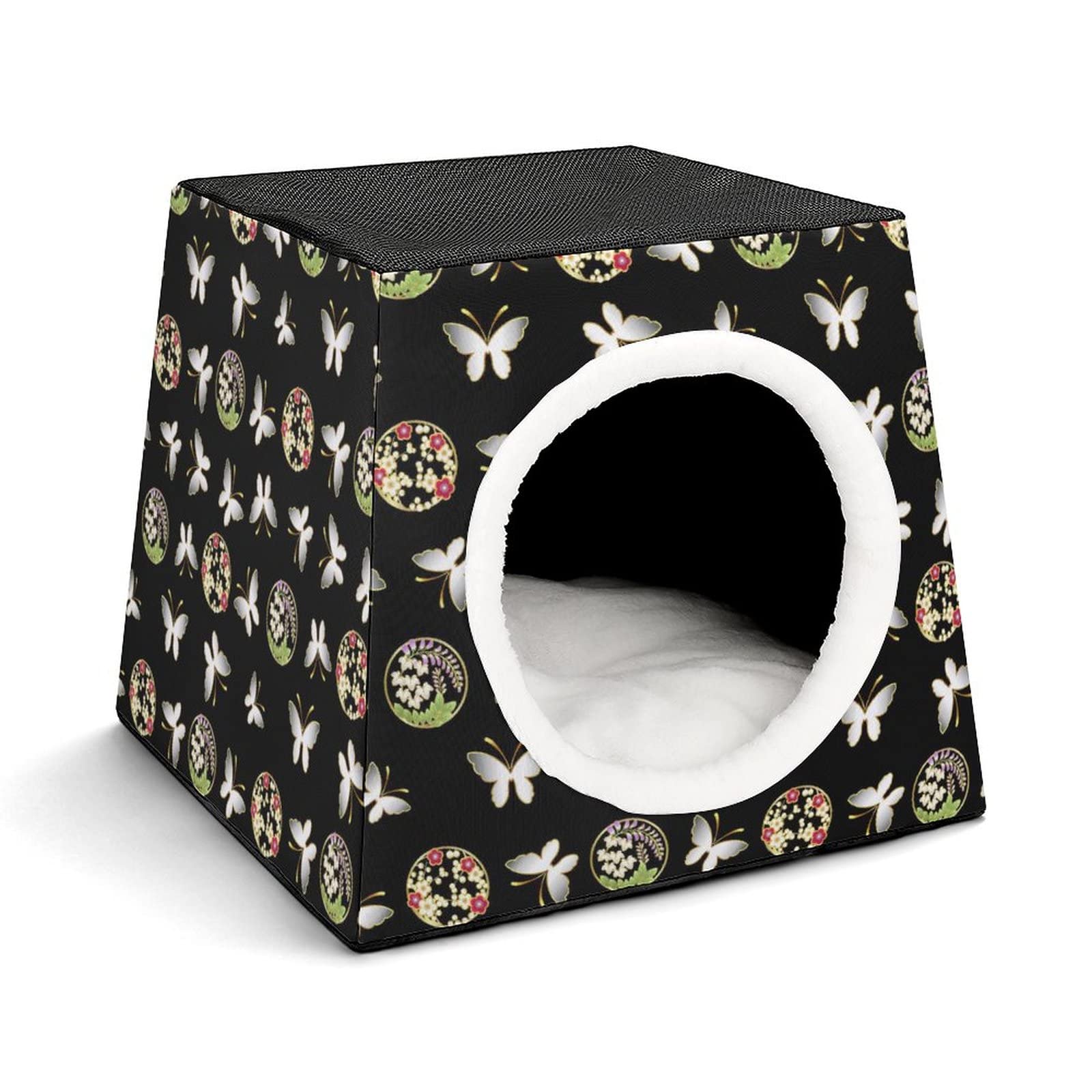 3-in-1 Foldable Cat House, Bed & Sofa with Removable Cushion - Butterfly Black Retro Style Cat Shelter & Scratching Toy for Indoor Cats - Perfect for Living Room, Bedroom or Pet Corner
