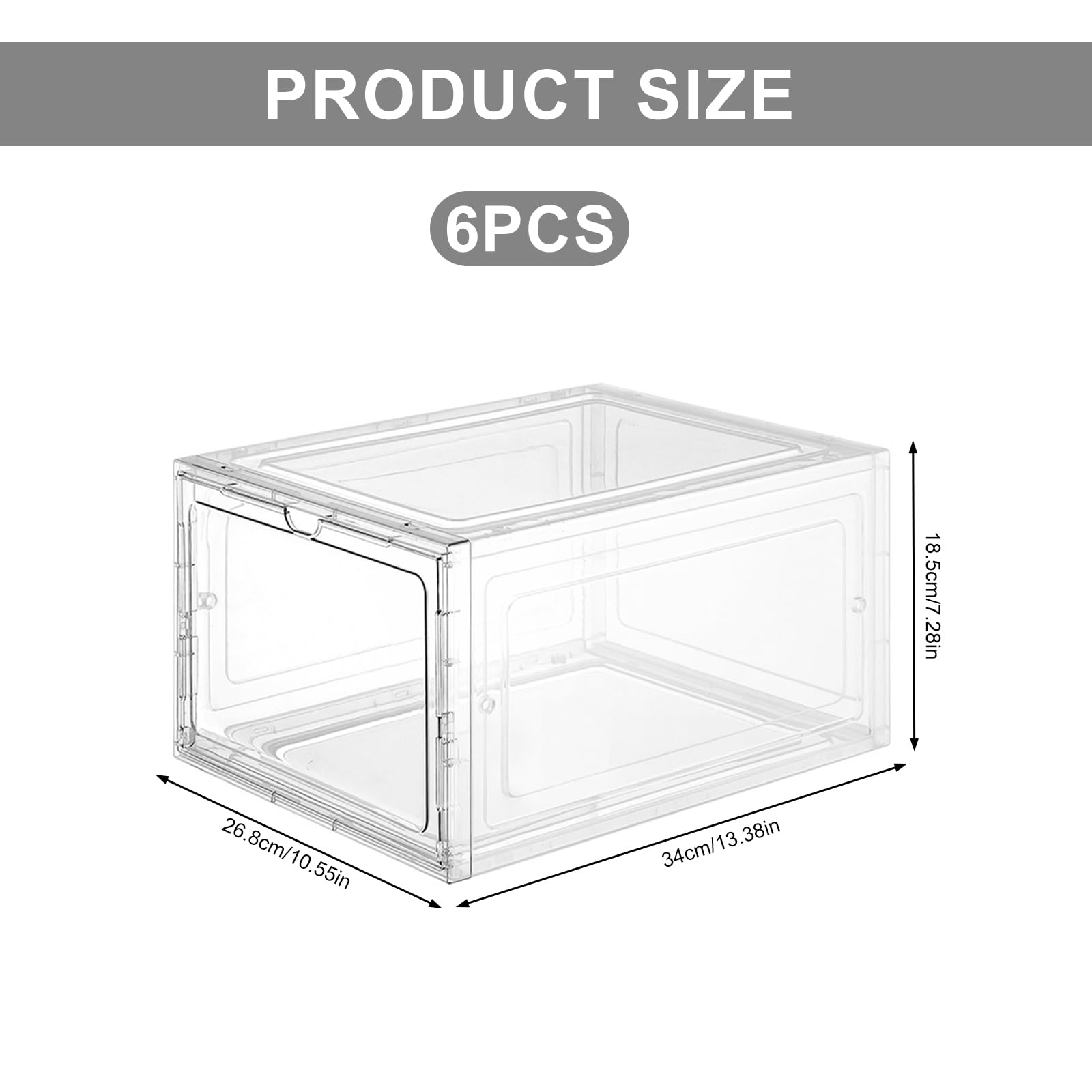 6 Pack Clear Plastic Shoe Organizer Boxes - 19.5 Qt Stackable Drop Front Shoe Storage with Magnetic Lids | Perfect for Closet, Office & Home Organization | Durable Hard Box Containers for Shoes, Accessories & Small Items