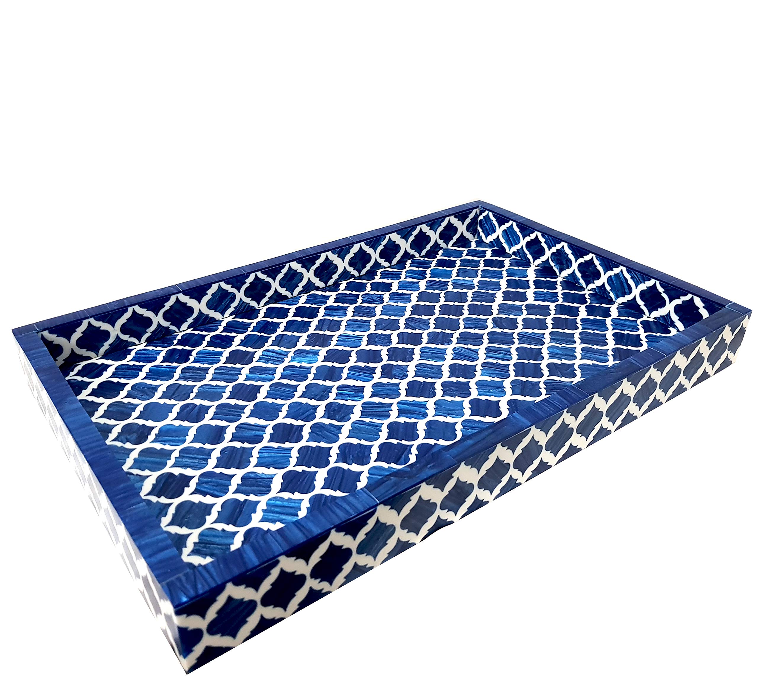 Handcrafted Blue & White Moorish Moroccan Bone Inlay Serving Tray - Multipurpose Decorative Tray for Breakfast, Tea, Coffee & Snacks - Perfect for Home Decor, Dining, and Gift Giving