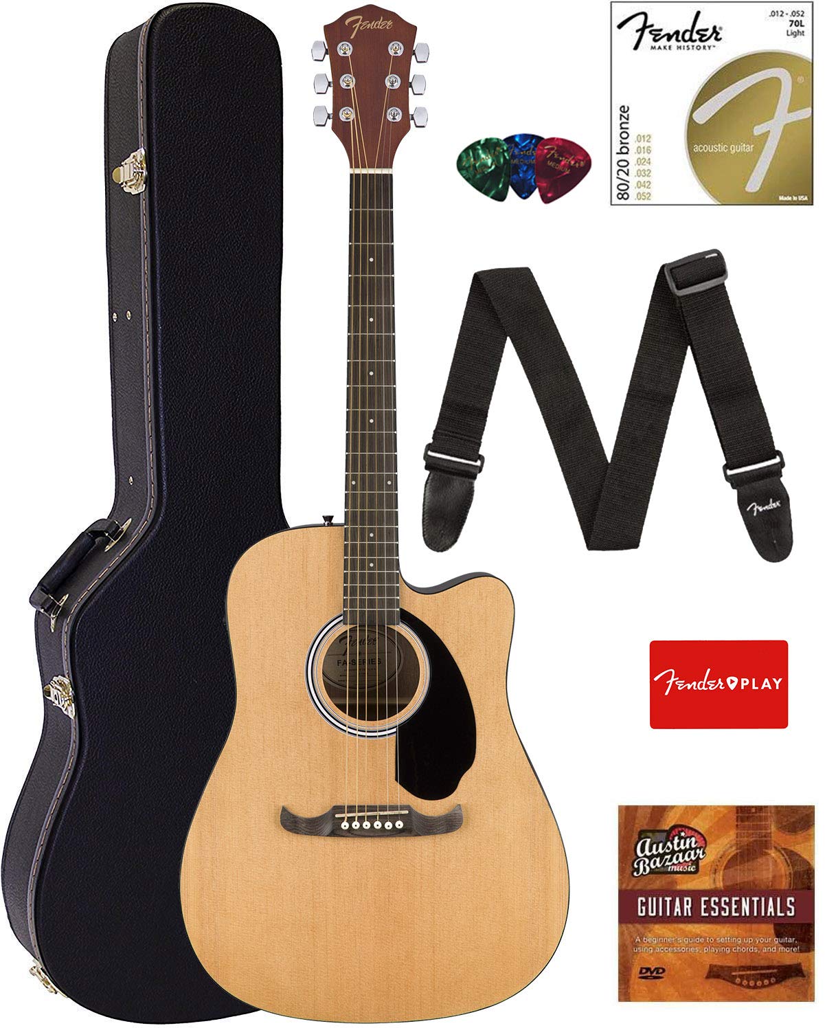 Fender FA-125CE Dreadnought Cutaway Acoustic-Electric Guitar Bundle with Hard Case, Strap, Strings & Accessories - Natural Finish | Includes Fender Play Lessons & Austin Bazaar DVD | Perfect for Beginners, Live Performances & Home Practice