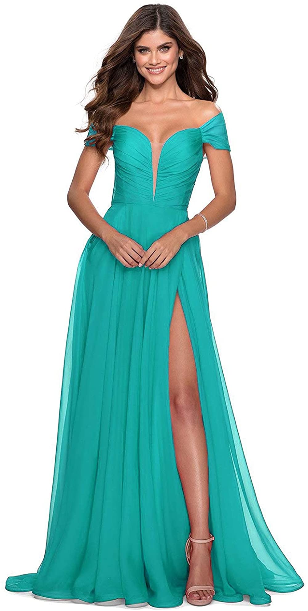 Elegant Chiffon Bridesmaid Dresses 2024 - Off Shoulder High Slit Pleated A-line Long Prom Gowns for Women | Formal Evening Wear, Wedding Party, Homecoming Dance, Special Occasions