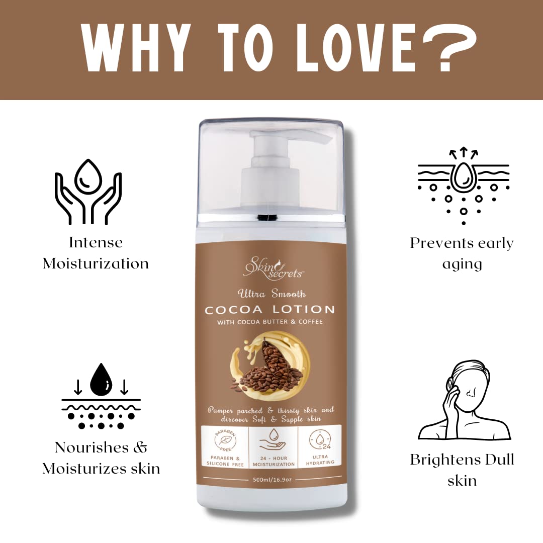 Skin Secrets Cocoa Butter Lotion - 500ml | Deeply Moisturizing & Nourishing Body Cream with Natural Cocoa Bean Extract | Paraben-Free, Silicone-Free | Perfect for Dry Skin Care & Daily Hydration