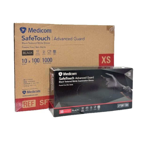Medicom SafeTouch Nitrile Disposable Gloves - Black, Powder Free, Latex Free, 100 Count Box | Ideal for Medical, Food Service, Cleaning & Tattoo Use