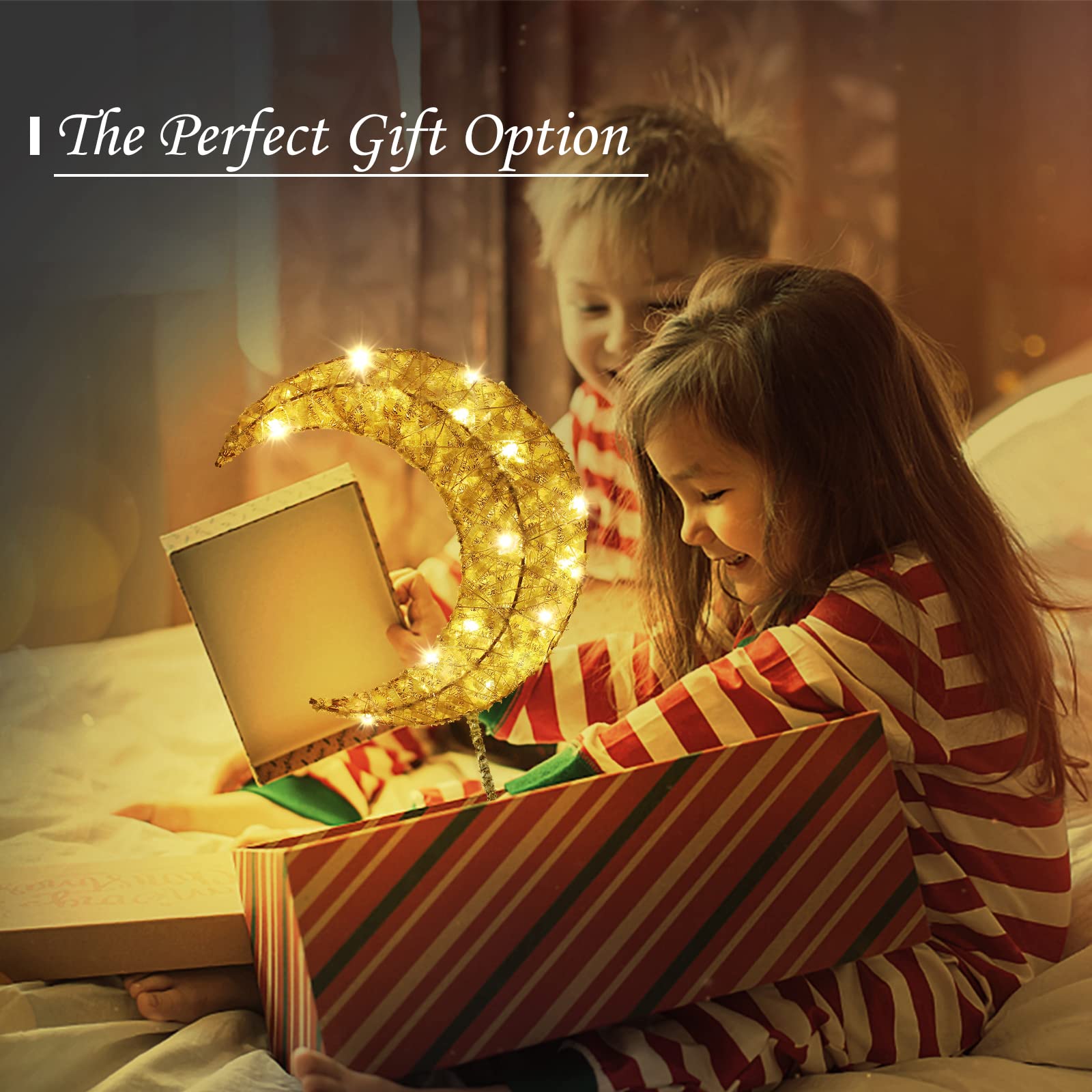 Lewondr Decorative Table Lamp - Battery Powered Moon Shape LED Desk Light, Warm White & Bright, Winding Iron Frame for Ramadan, Christmas, Bedroom, Nightstand, Romantic Ambiance - Perfect for Home Decor, Bedside Lighting & Holiday Gifts (Gold)