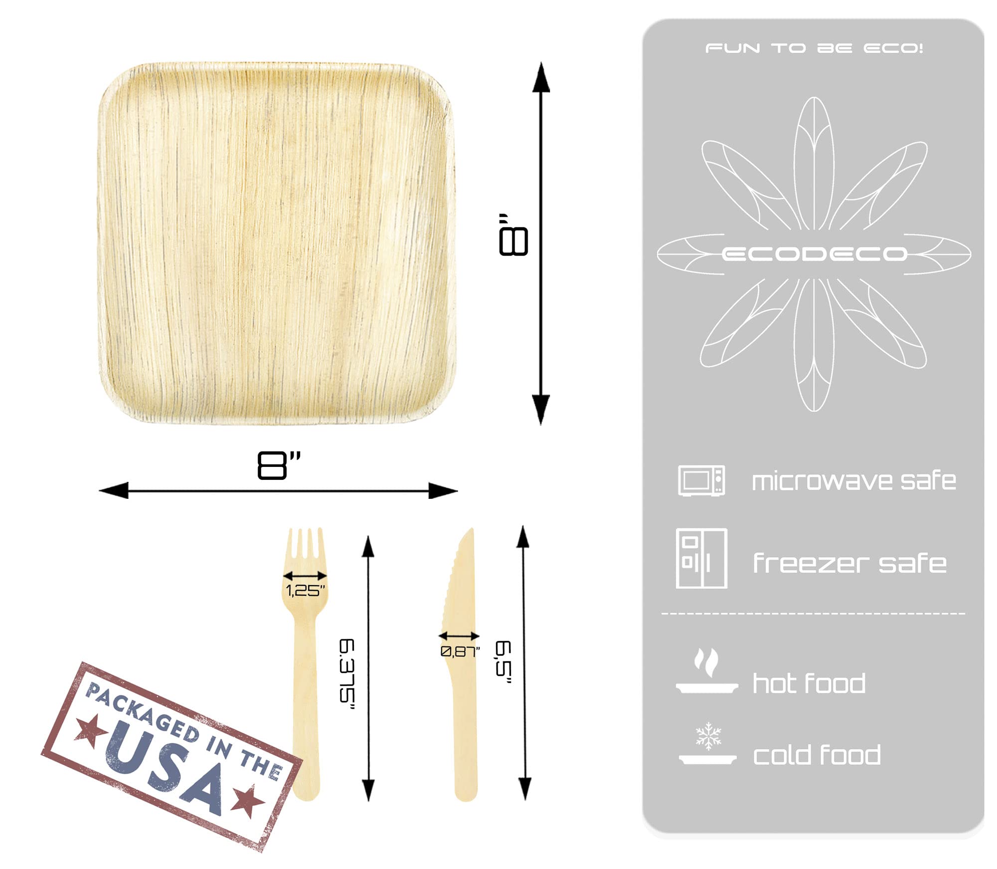Eco-Friendly Palm Leaf Compostable Plates - 50 Pack Square Disposable Dinnerware Set with Cutlery - 8 Inch Biodegradable Plates for Parties, Picnics & Sustainable Events