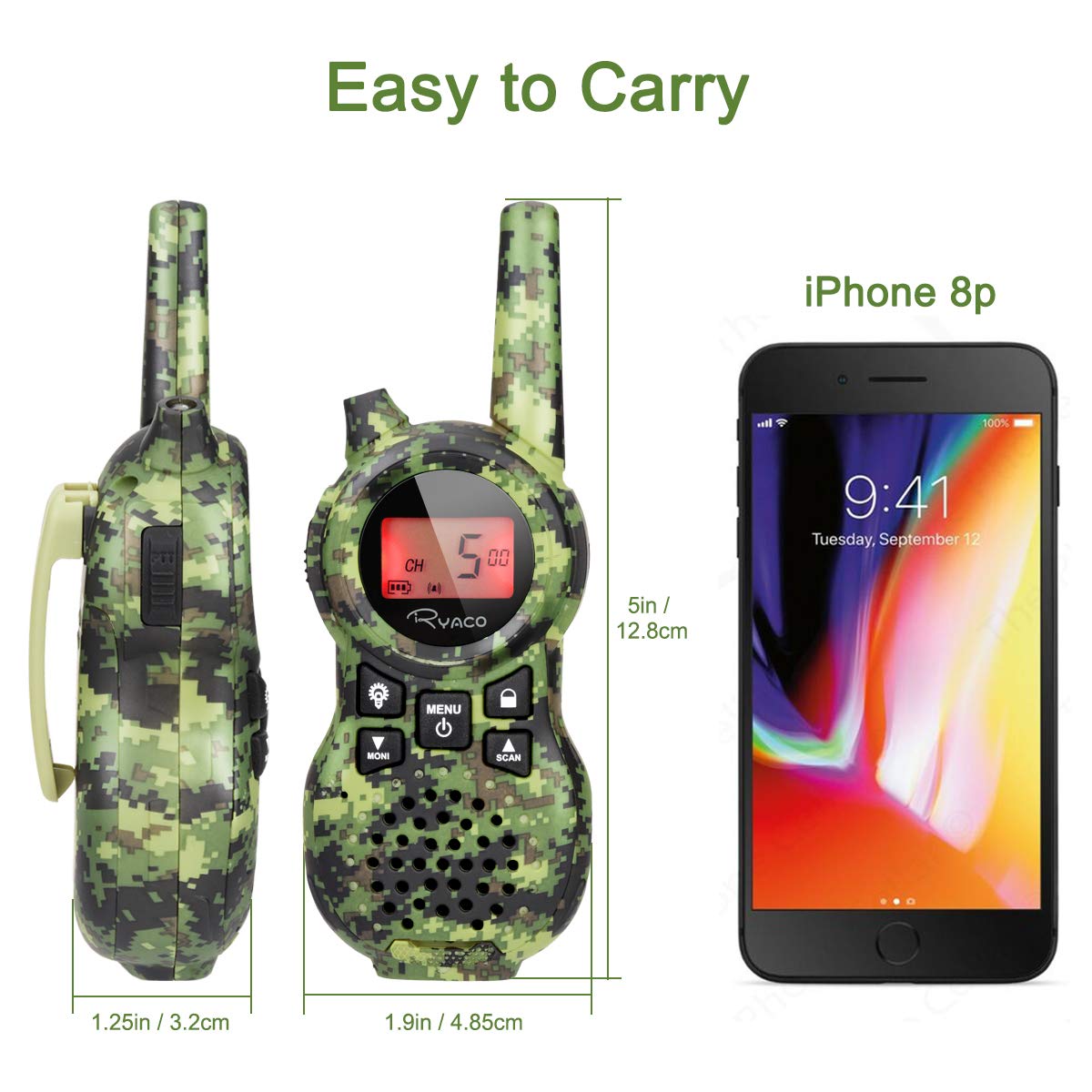 Ryaco Kids Walkie Talkie Set of 2 - 8-Channel Two-Way Radios with 3km Range & LED Flashlight for Hiking, Camping, Outdoor Adventures - Perfect for Children's Playtime, Backyard Games, and Family Road Trips
