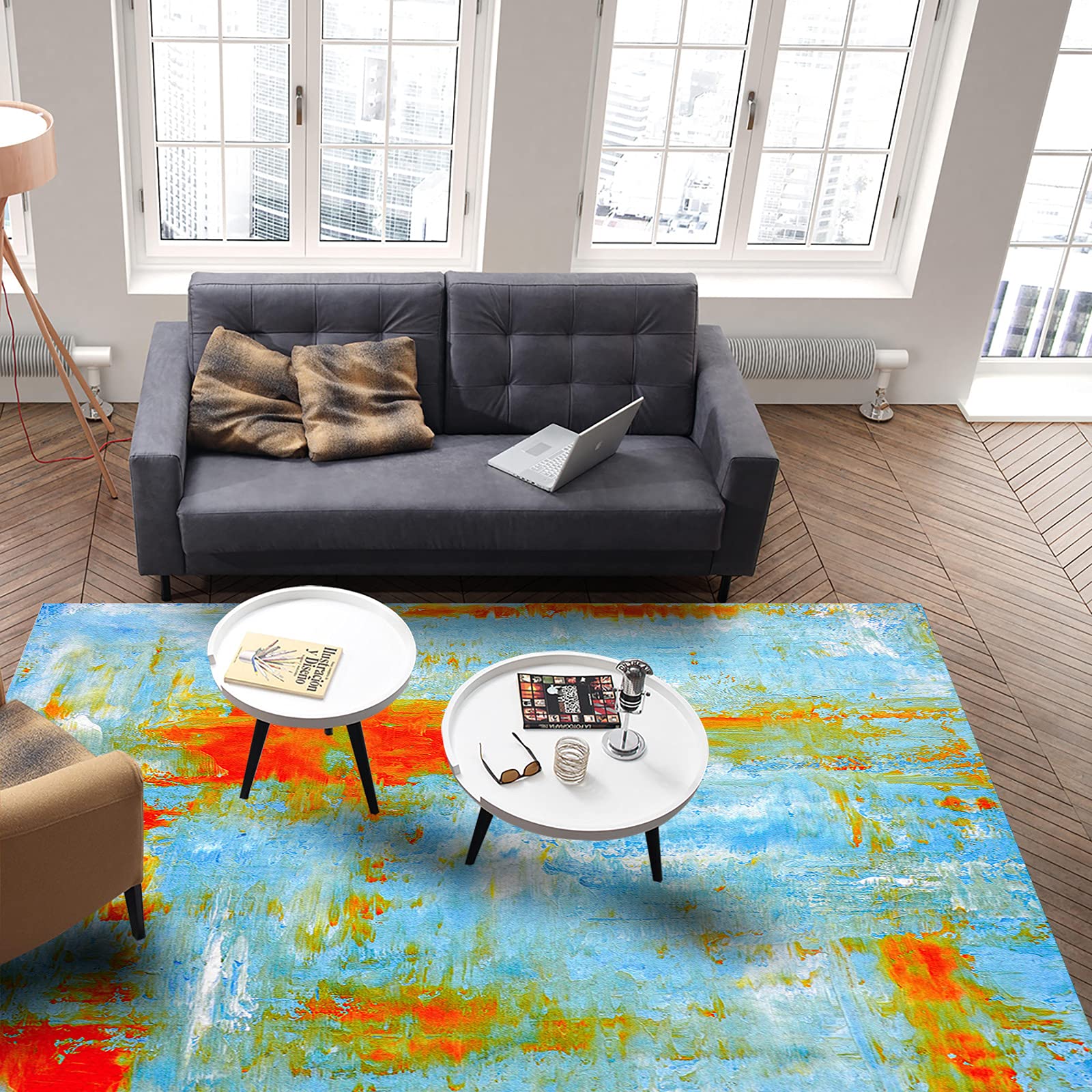 Abstract Geometric Graffiti Art Area Rug 3'x5' - Washable Indoor/Outdoor Runner for Kitchen, Living Room, Bathroom & Bedroom - Non-Slip Doormat & Desk Mat in Orange, Red & Blue Oil Painting Design - Perfect for Home Decor, Office & Classroom Use