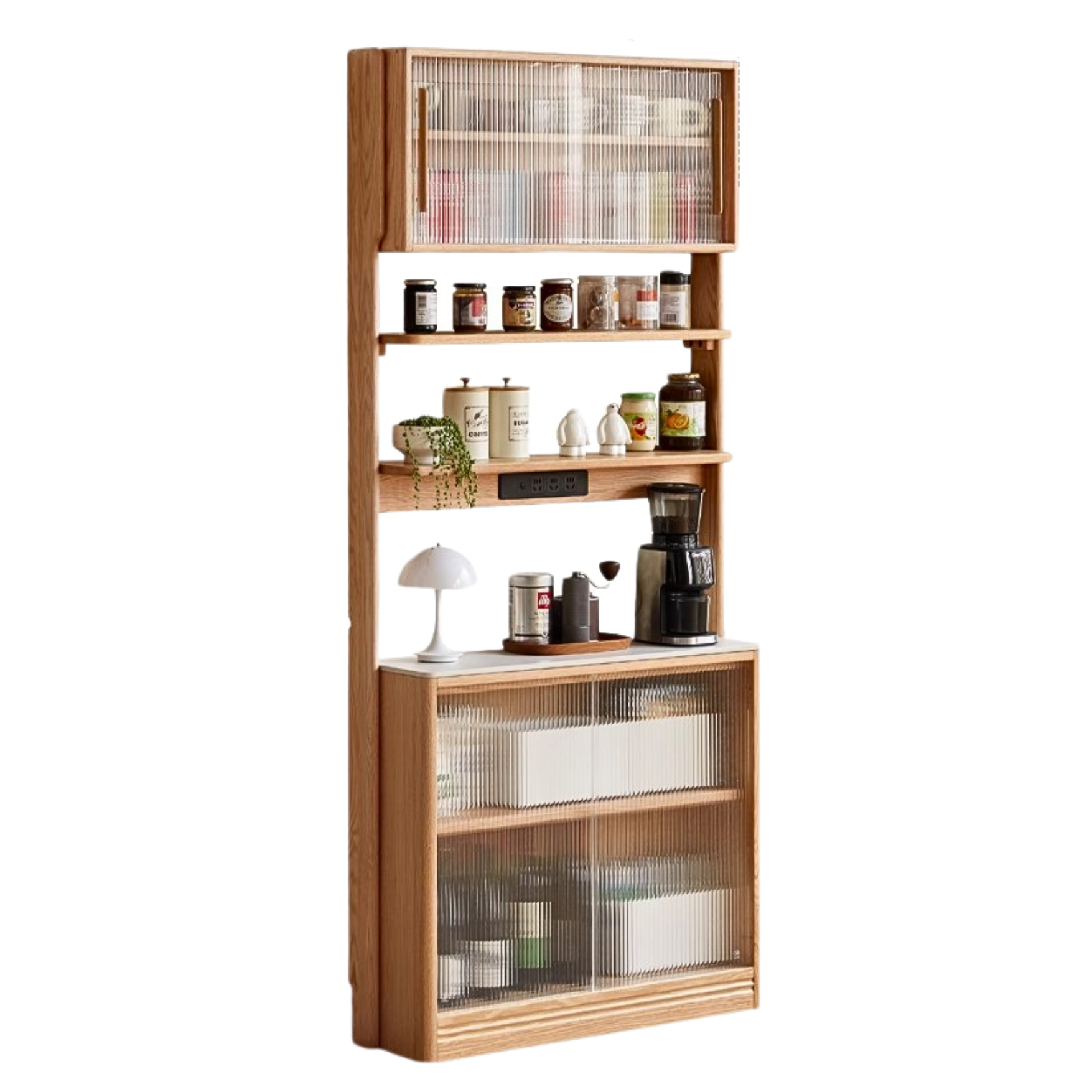 Solid Oak Wood Sideboard with Rock Board Top - Multifunctional Dining Room Storage Cabinet for Kitchen, Living Room & Entryway Organization