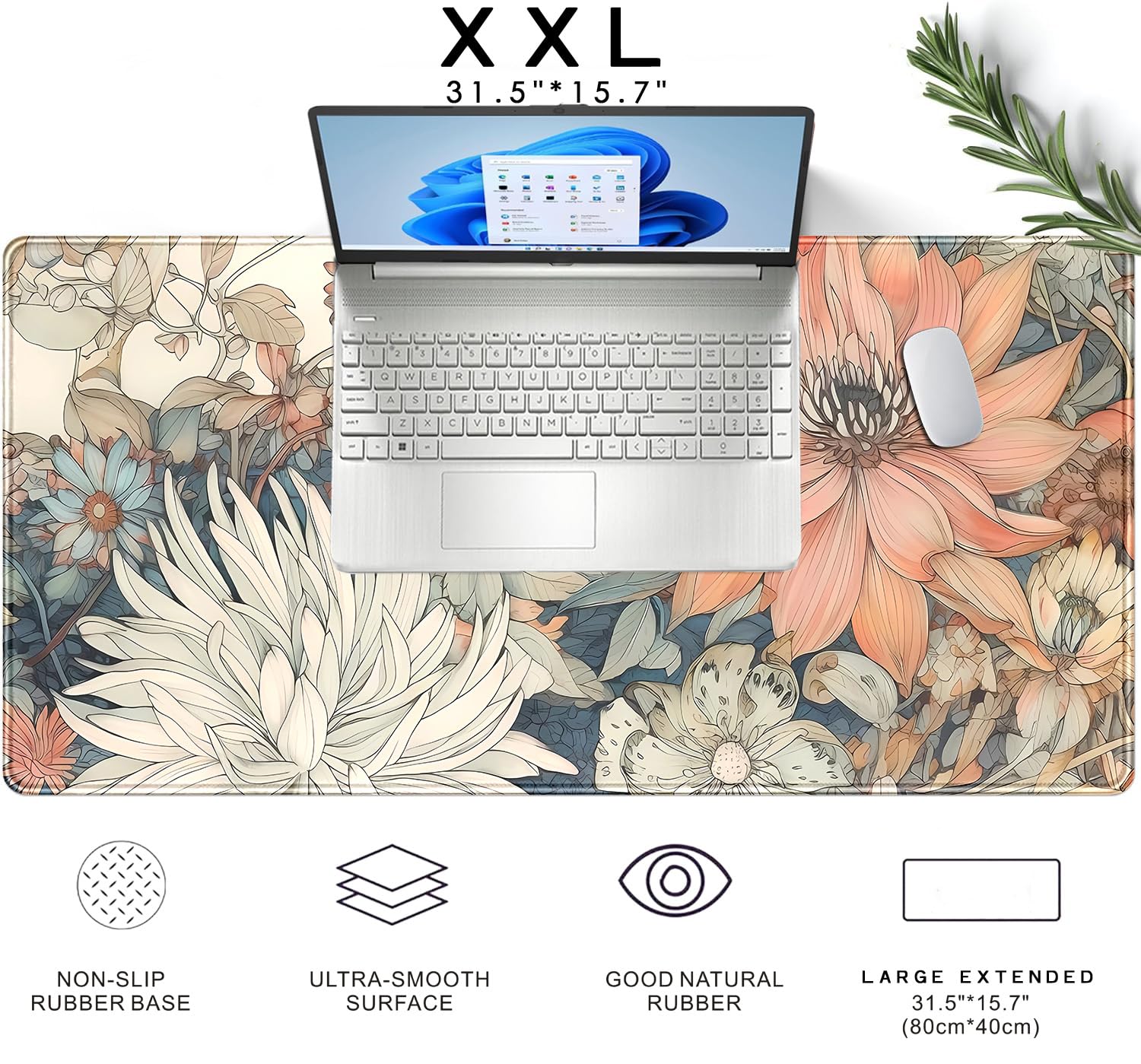 Japanese Floral Desk Mat - Large XXL Boho Aesthetic Flower Mouse Pad (31.5