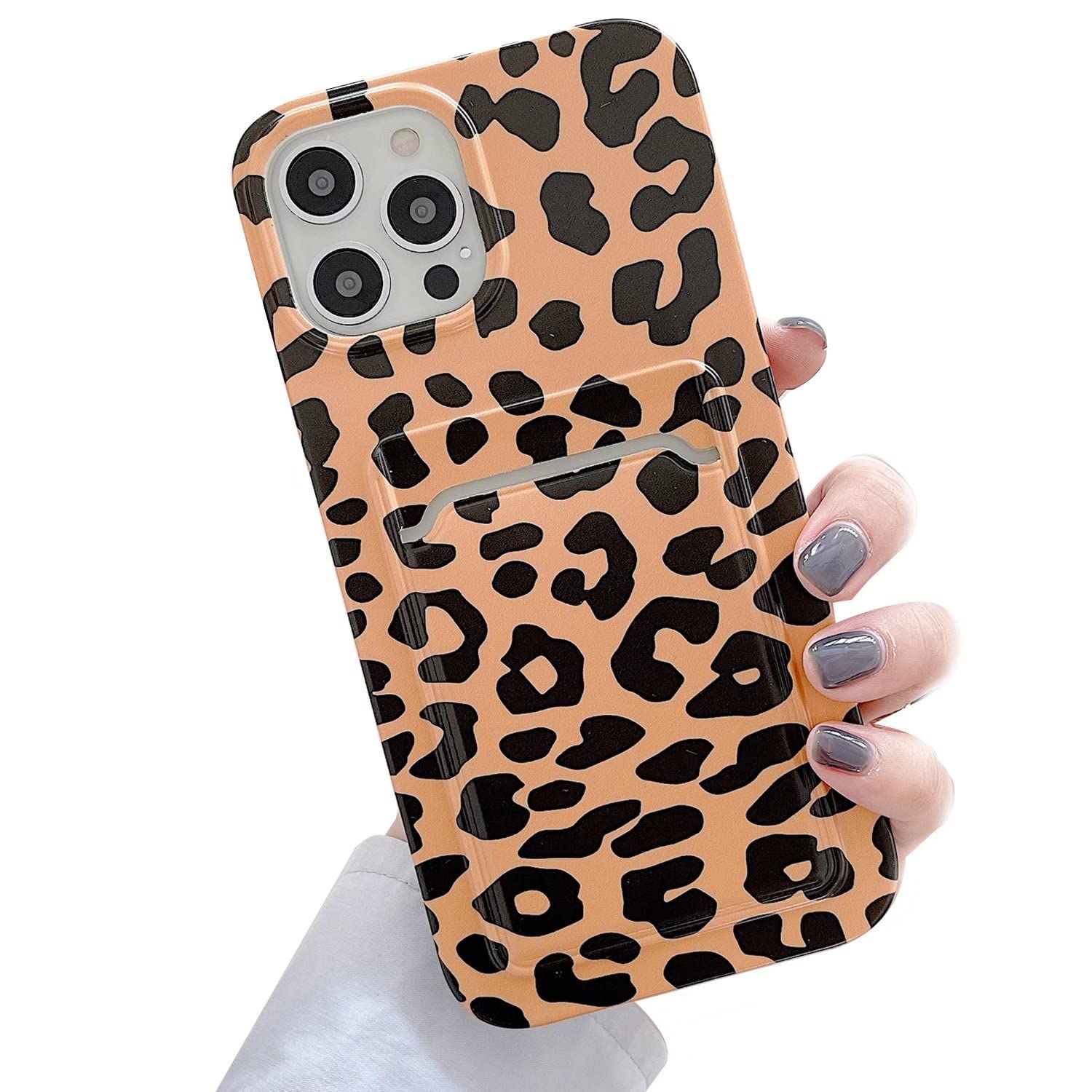 FABUVIEW iPhone 13 Case with Card Holder - Floral Design Slim Protective Phone Cover for Women | TPU Bumper & Acrylic Back | 6.1 Inch (Leopard-Brown) - Perfect for Everyday Use, Travel, and Secure Card Storage