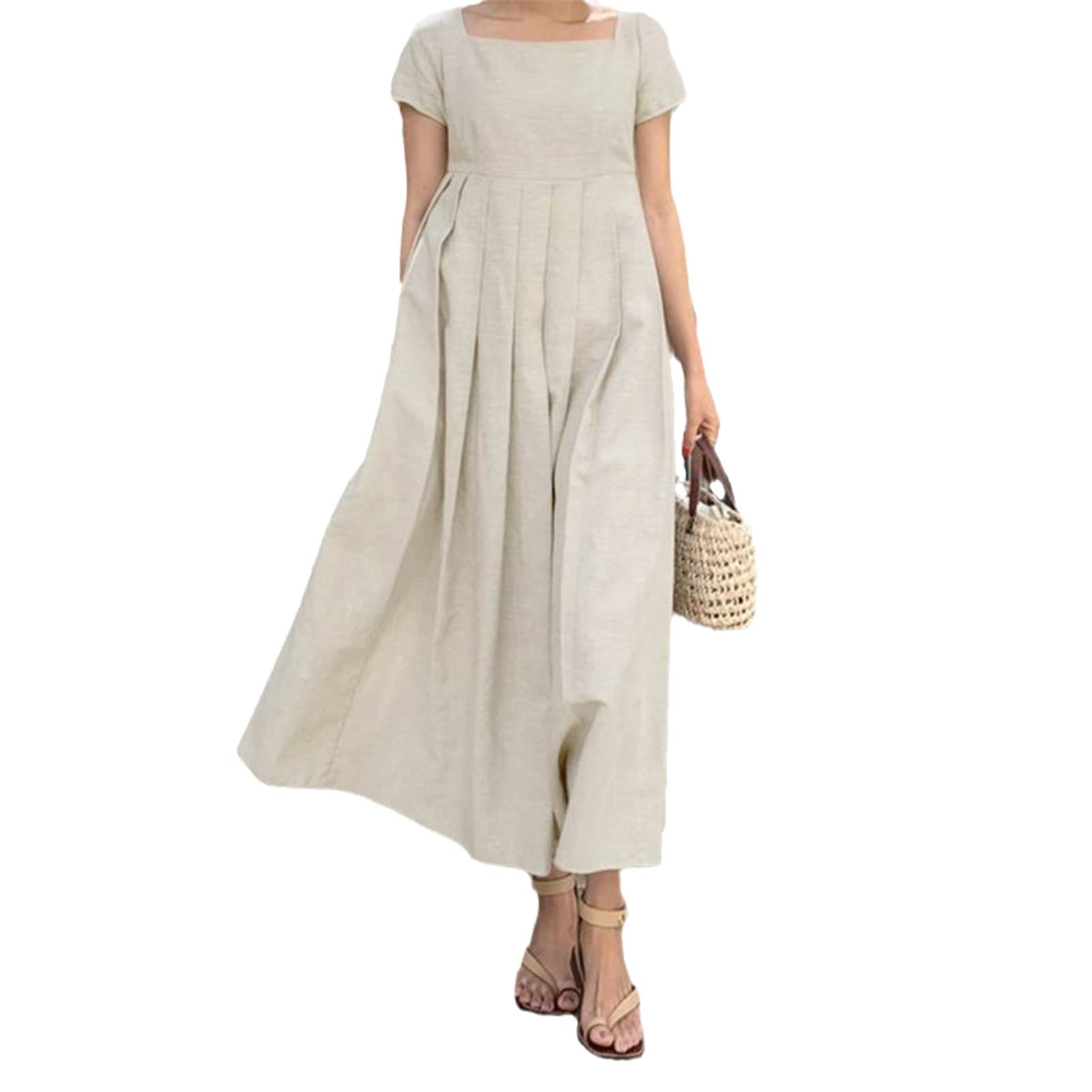 Elegant Women's Short Sleeve Beach Dress - Summer Square Neck Party Midi Sundress, Casual Solid Vestidos Kaftan for Vacation, Poolside, and Outdoor Events