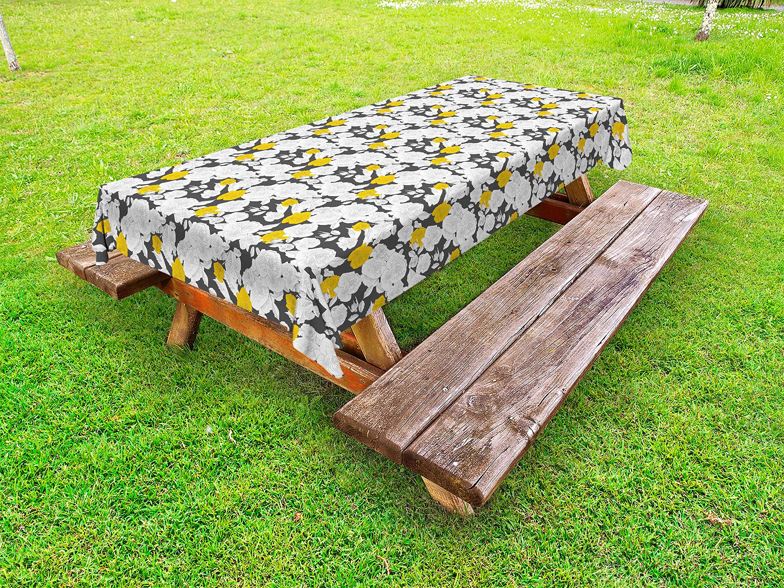 Ambesonne Vintage Rose Outdoor Tablecloth - Hand Drawn Yellow & White Floral Design, Washable Picnic Table Cover 58x84 Inches, Charcoal Grey Background | Perfect for Garden Parties, Outdoor Dining, and Romantic Picnics