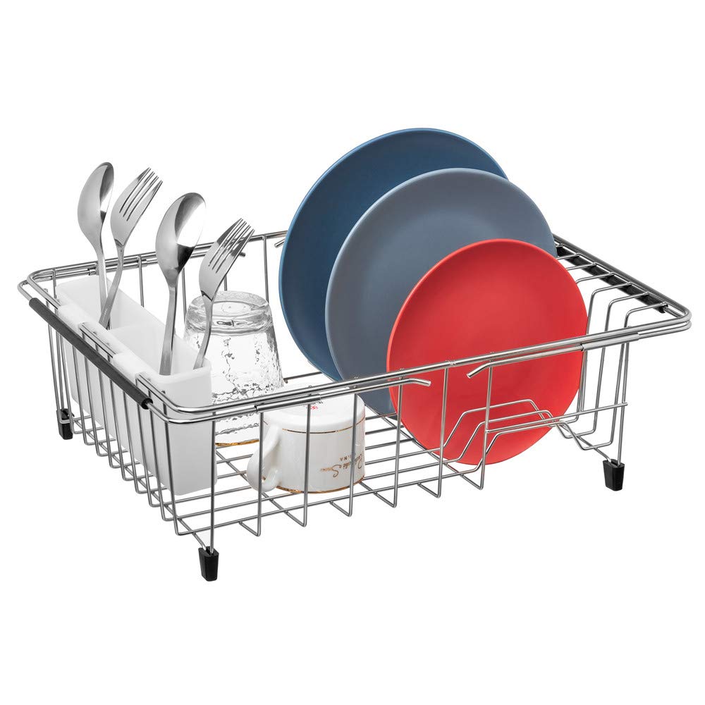SANNO Plastic Utensil Drying Rack - Silverware Storage Holder for Dish Rack Over Sink - Chopsticks Spoon Fork Knife Drainer Basket - Flatware Organizer (White, 7.75