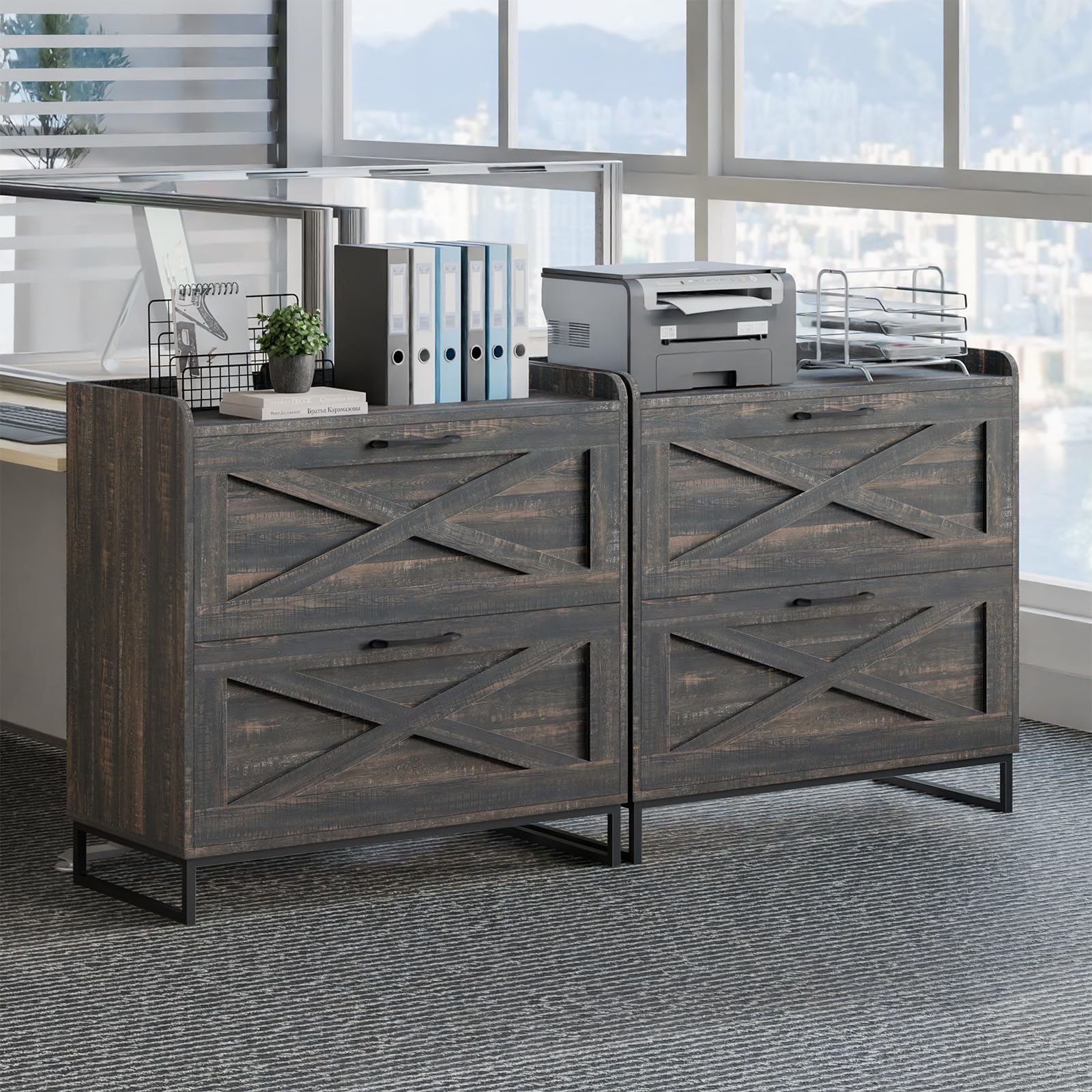2-Drawer Lateral File Cabinet with USB Charging Station - Legal/Letter/A4 Hanging File Storage - Modern Farmhouse Wood Office Furniture for Home & Workspace (Dark Rustic Oak) - Perfect for Organizing Documents & Charging Devices in Home Offices, Study Rooms & Small Businesses