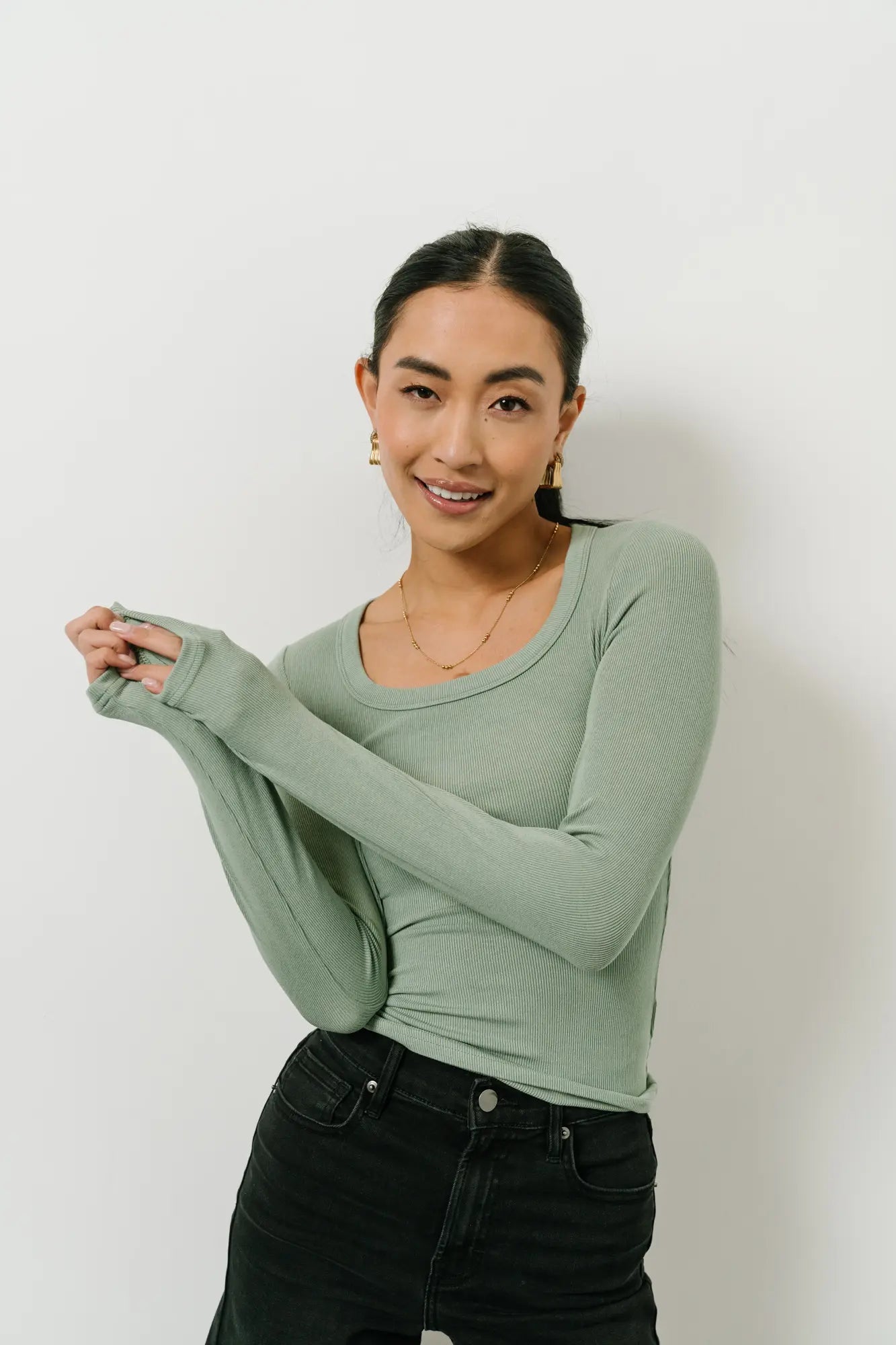 Audrey Ribbed Top in Green - Women's Stretch Knit Casual Shirt | Perfect for Everyday Wear, Layering & Office Outfits