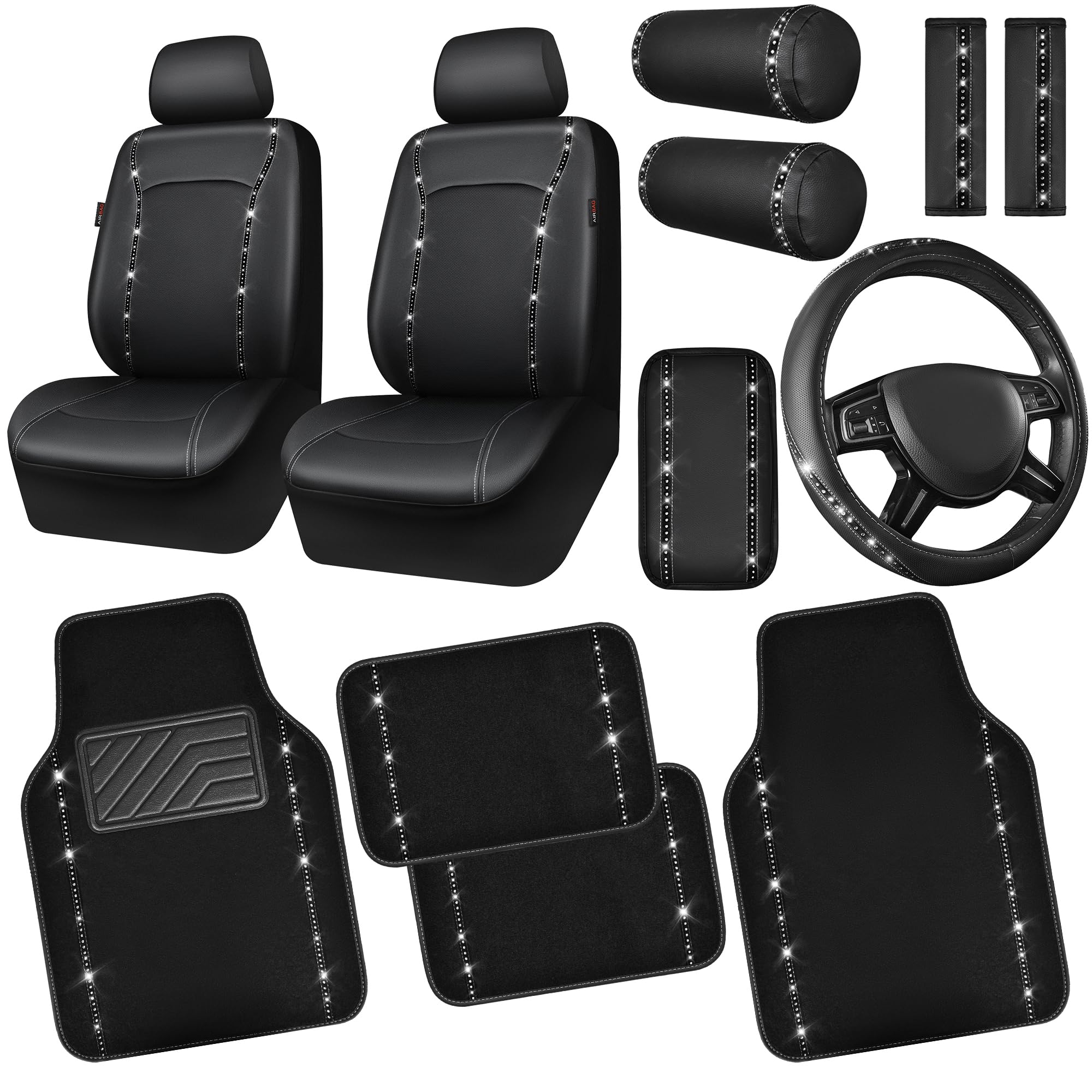 Bling Car Accessories Set for Women - 14 PCS Leather Seat Covers & Rhinestone Steering Wheel Cover | Luxury Car Interior Decor