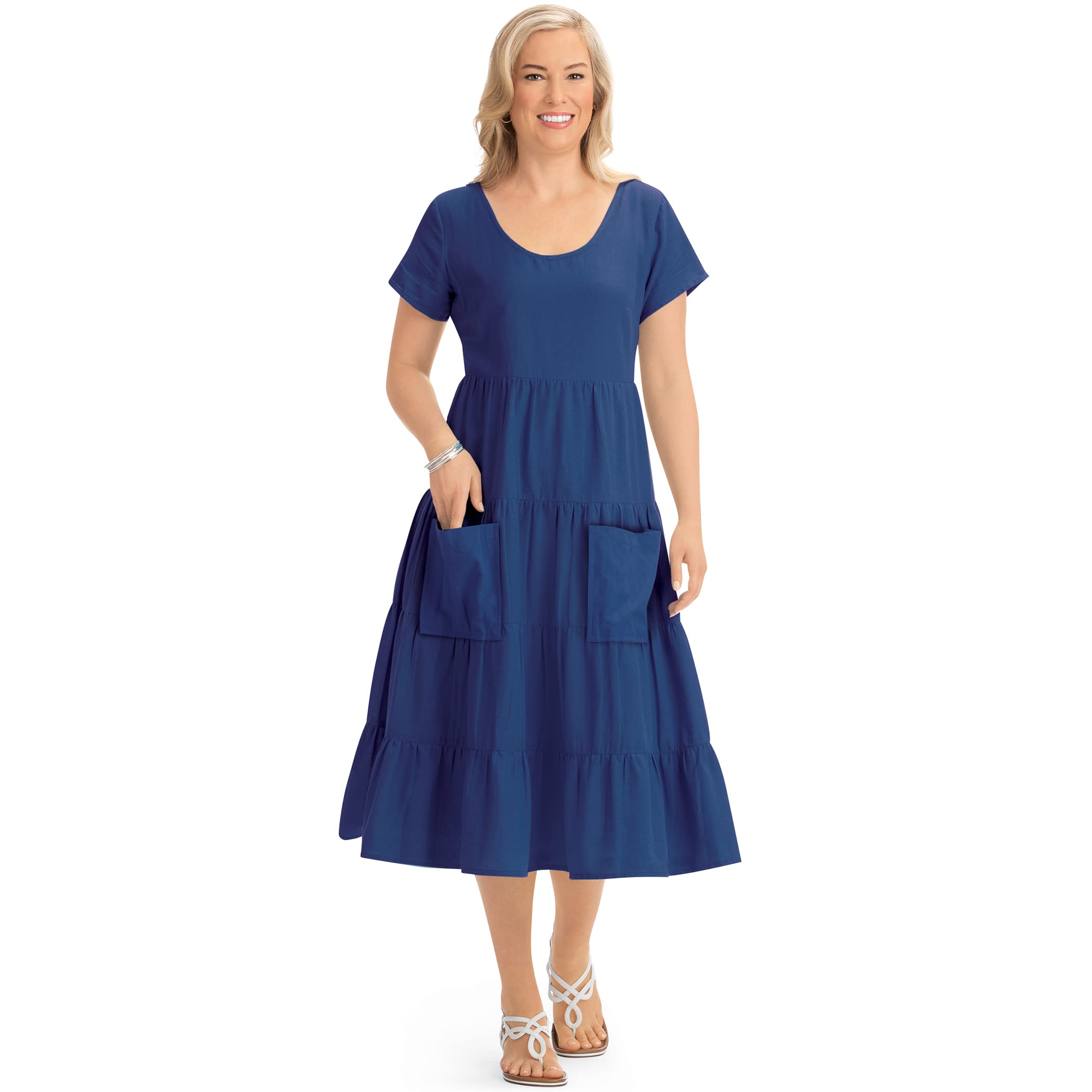 Collections Etc Women's Short Sleeve Tiered Cotton Linen Casual Summer Dress - Perfect for Beach Vacation, Garden Party & Everyday Wear
