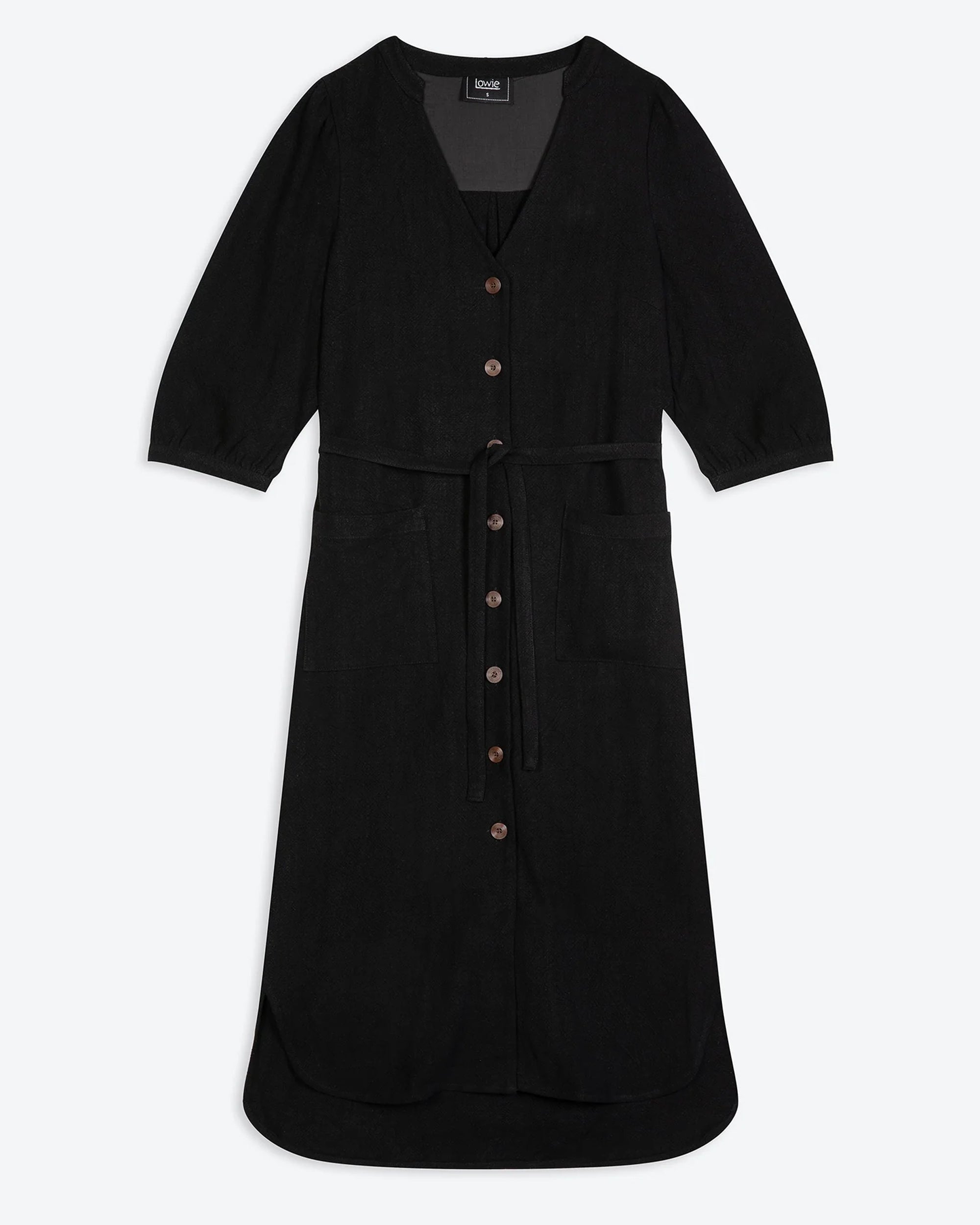 Lowie Linen Viscose Black Button Through Dress - Women's Summer Casual Flowy Midi Dress for Beach, Vacation & Everyday Wear