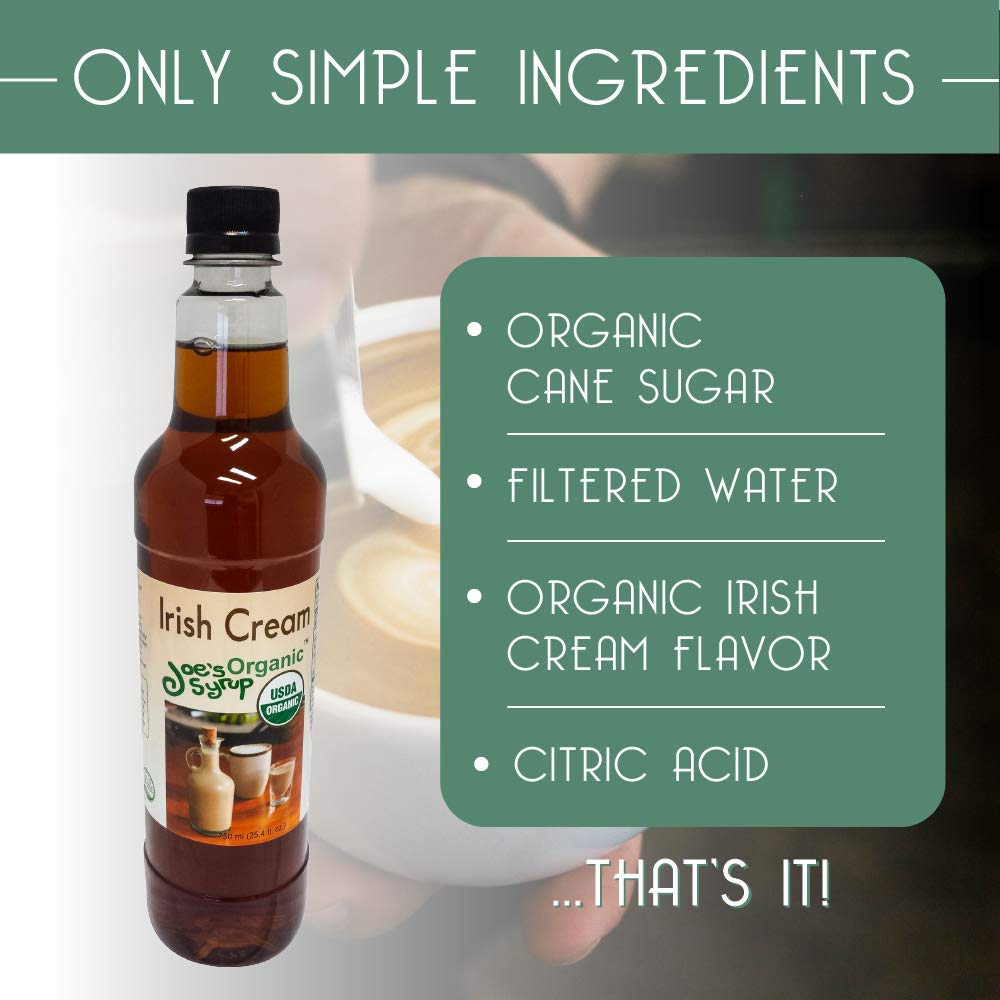 Organic Irish Cream Flavored Syrup by Joe’s Syrup - 750ml (3 Pack) | Premium Organic Coffee & Dessert Topping for Lattes, Cocktails, Ice Cream & Baking