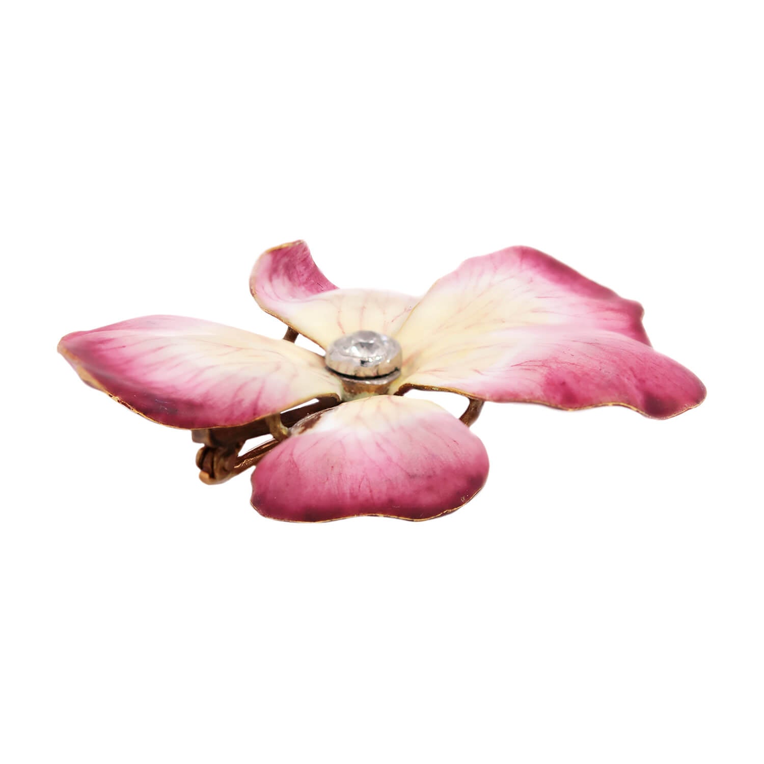 18K Pink Enamel Diamond Flower Brooch Pin - Victorian French Antique Jewelry for Women - Perfect for Weddings, Parties & Special Occasions