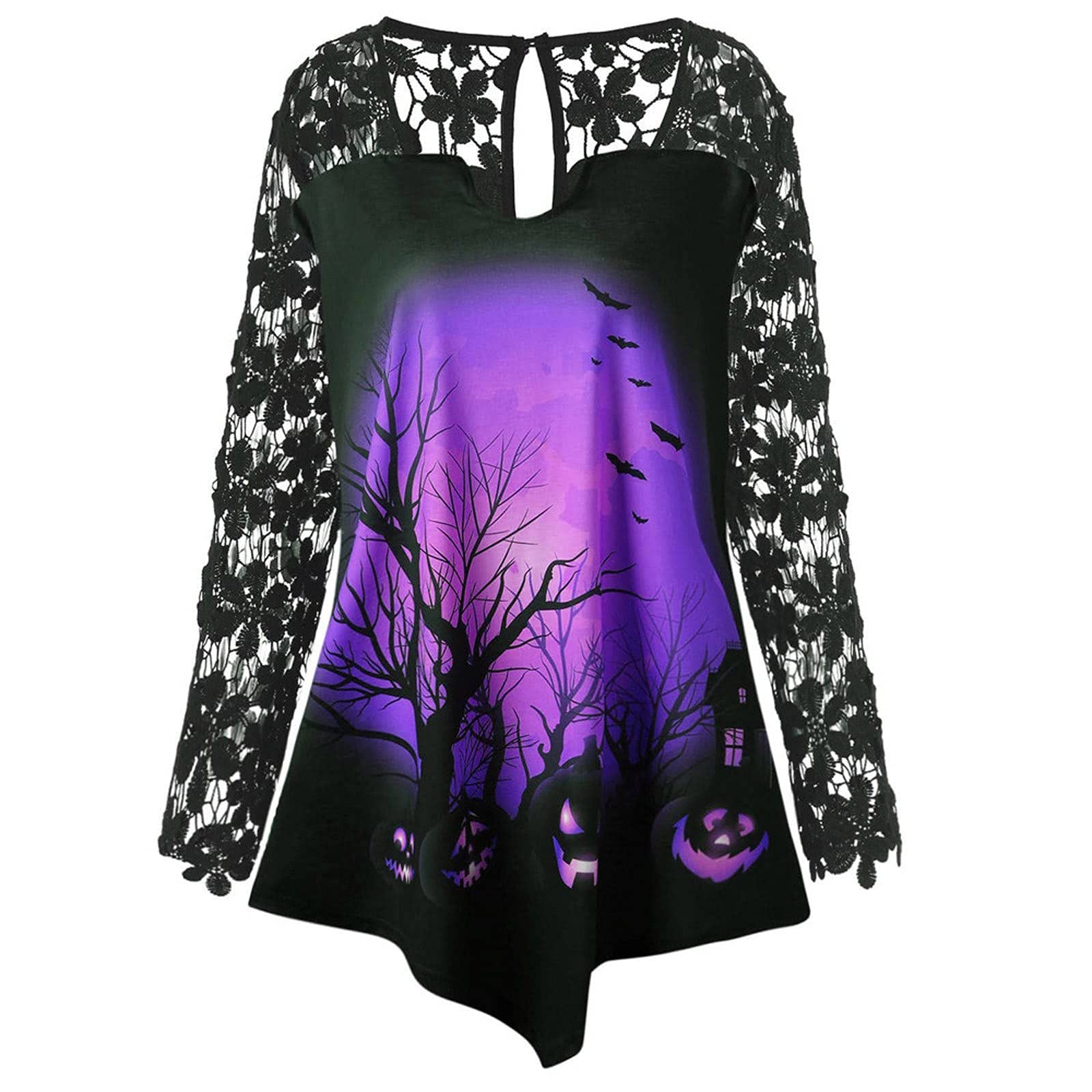 JINF Women's Fashion Halloween Tops - Pumpkin Lace Patchwork Asymmetrical Tunic Blouse | Trendy Ladies T-Shirt for Halloween Parties & Costume Events