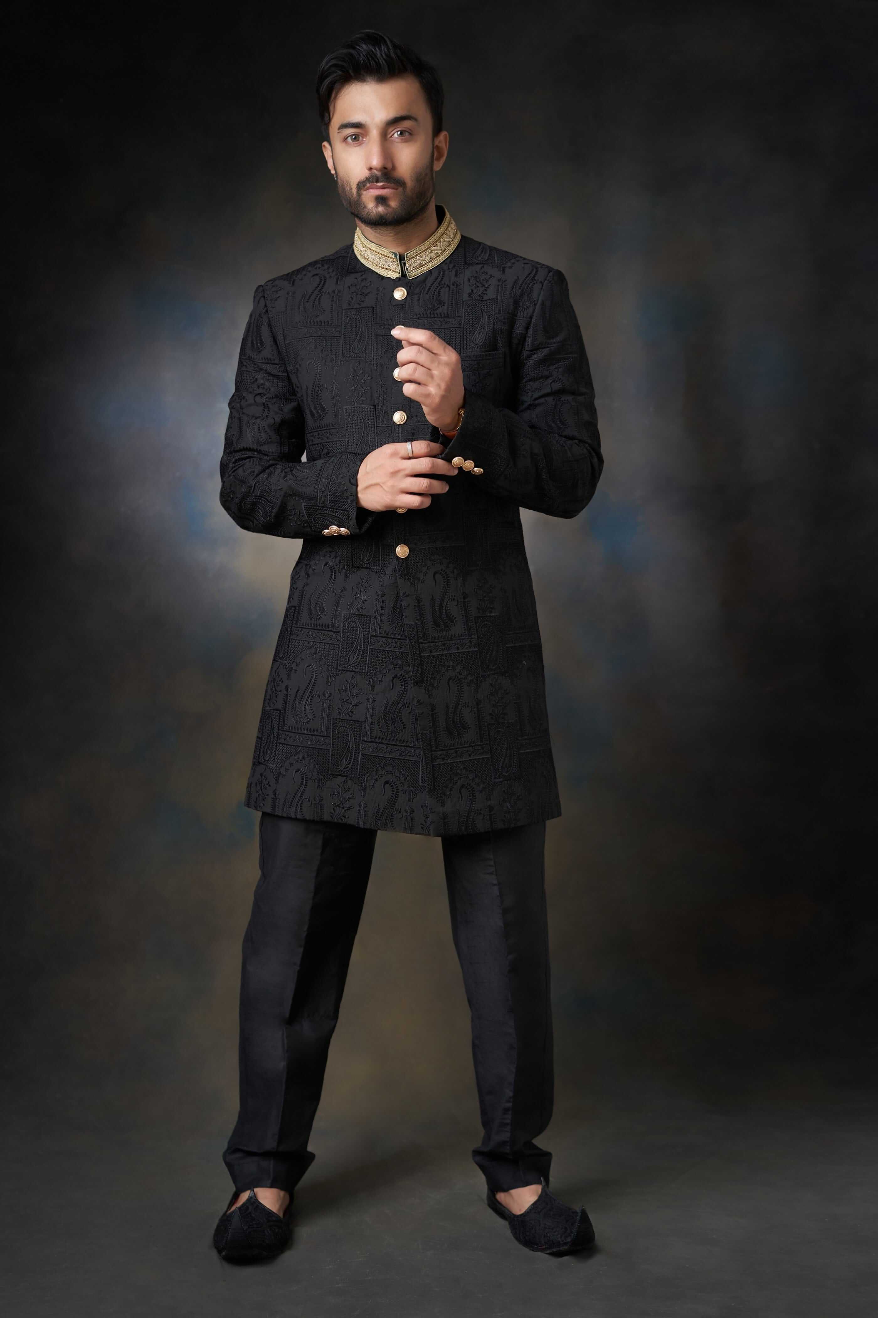 Elegant Black Thread Embroidered Silk Sherwani with Zardozi Adornments | Premium Indian Wedding Attire for Grooms | Perfect for Weddings, Festivals & Special Occasions