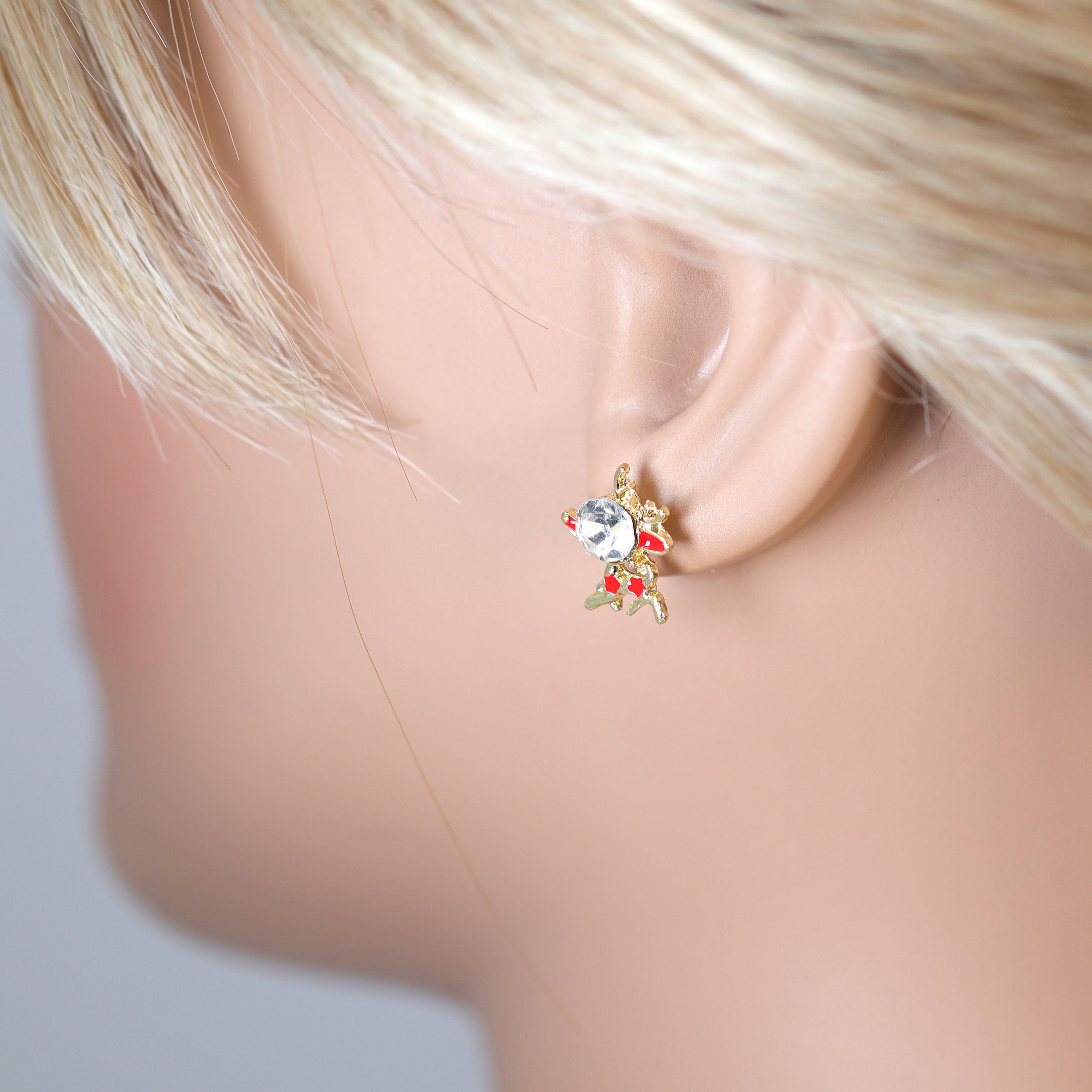 Crystal Gold and Red Reindeer Christmas Stud Earrings - Festive Holiday Jewelry for Women - Perfect for Parties, Gifts & Christmas Celebrations