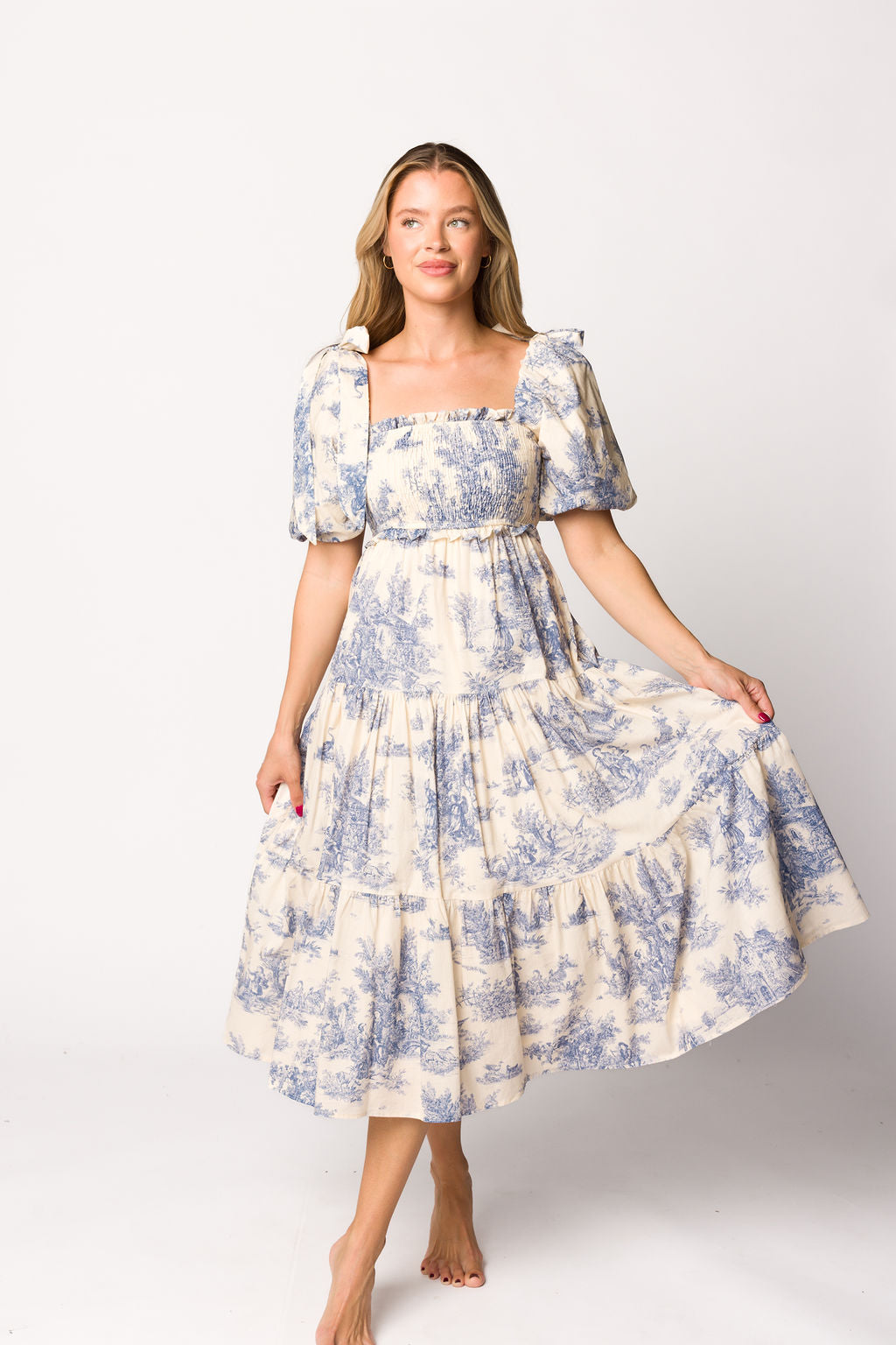 Elena 100% Cotton Toile Print Smocked Midi Dress in Blue - Bump Friendly Maternity Dress for Pregnancy, Nursing & Special Occasions | Perfect for Baby Showers, Brunch Dates & Summer Outings